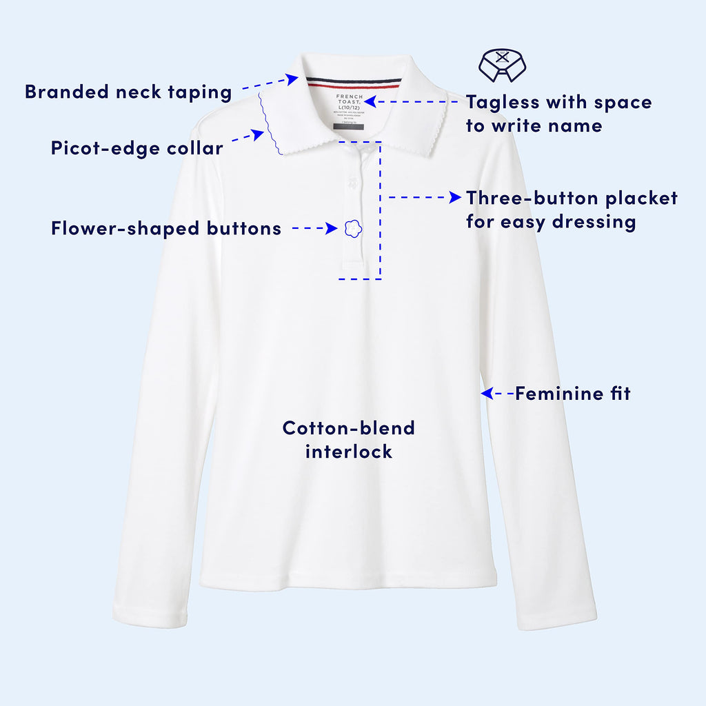 French Toast Girls' Toddler Uniform Long Sleeve Polo with Picot Collar (Standard & Plus), Light Blue, 2T