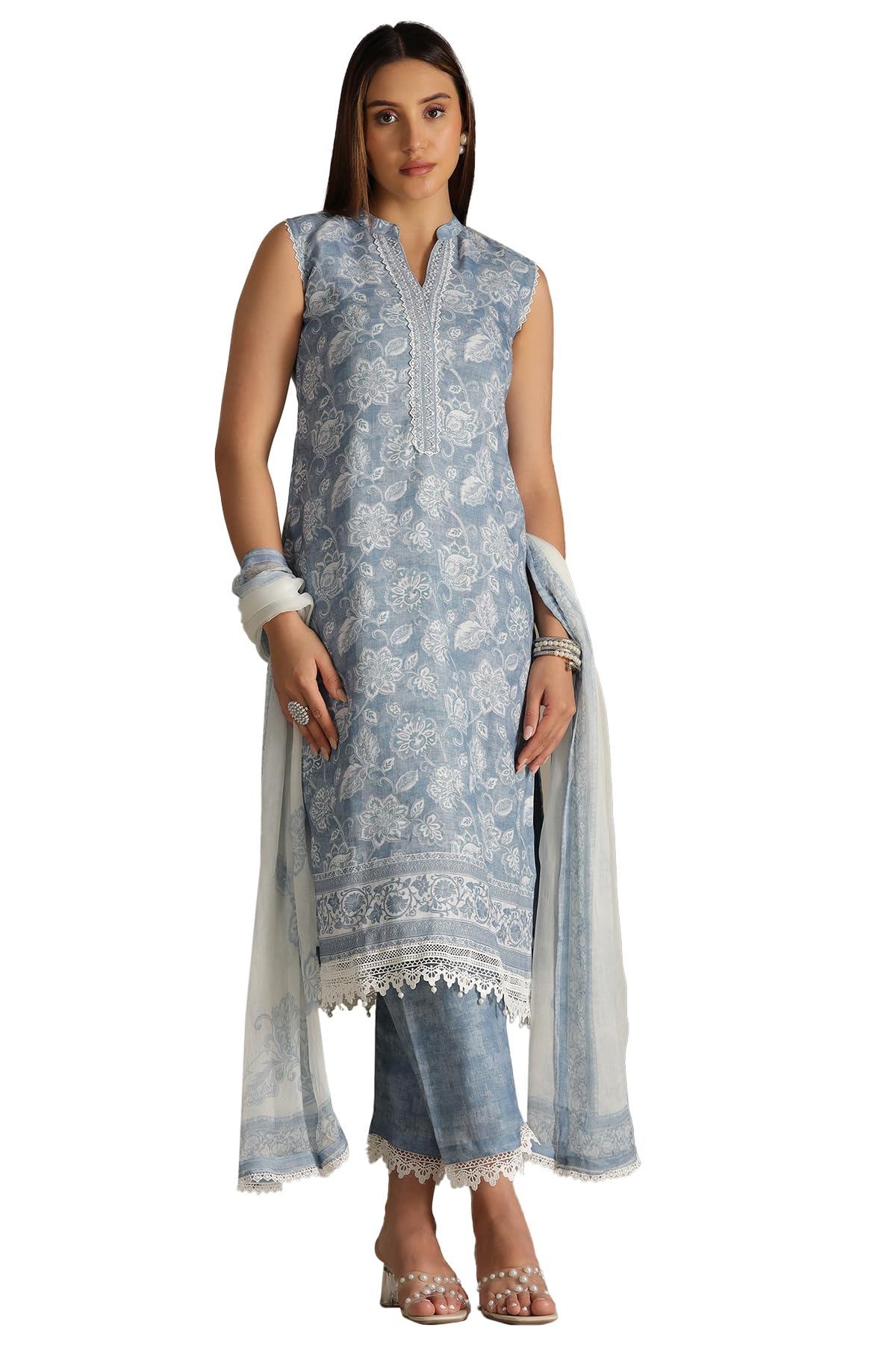 Soch Women Linen Floral Print Suit Set with Beads