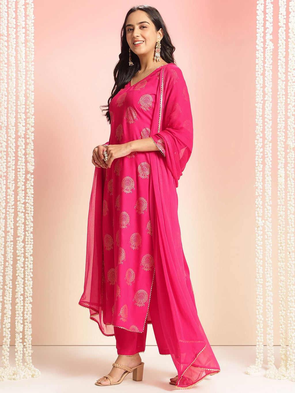 ANNI DESIGNER Womens Rayon Blend Printed Straight Kurta with Pant & Dupatta (Jubal Pink_XXL_Pink_XX-Large)