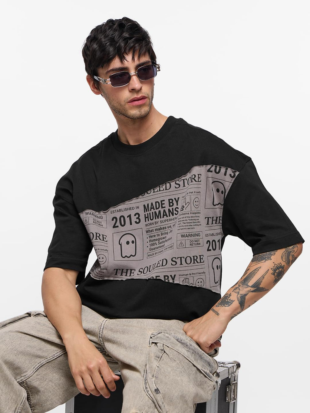 The Souled Store in The News Men and Boys Short Sleeves Round Neck Black Cotton Super Oversized T-Shirts