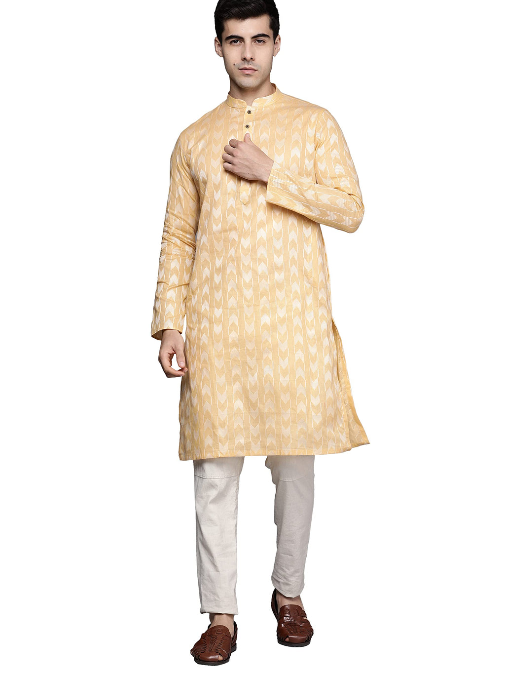 Manyavar Mens Kurta Only, Ethnic Kurta for Men, Full Sleeves Mandarin Collar Wave Blended Cotton Kurta Only (Yellow) (XL)