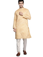 Manyavar Mens Kurta Only, Ethnic Kurta for Men, Full Sleeves Mandarin Collar Wave Blended Cotton Kurta Only (Yellow) (XL)