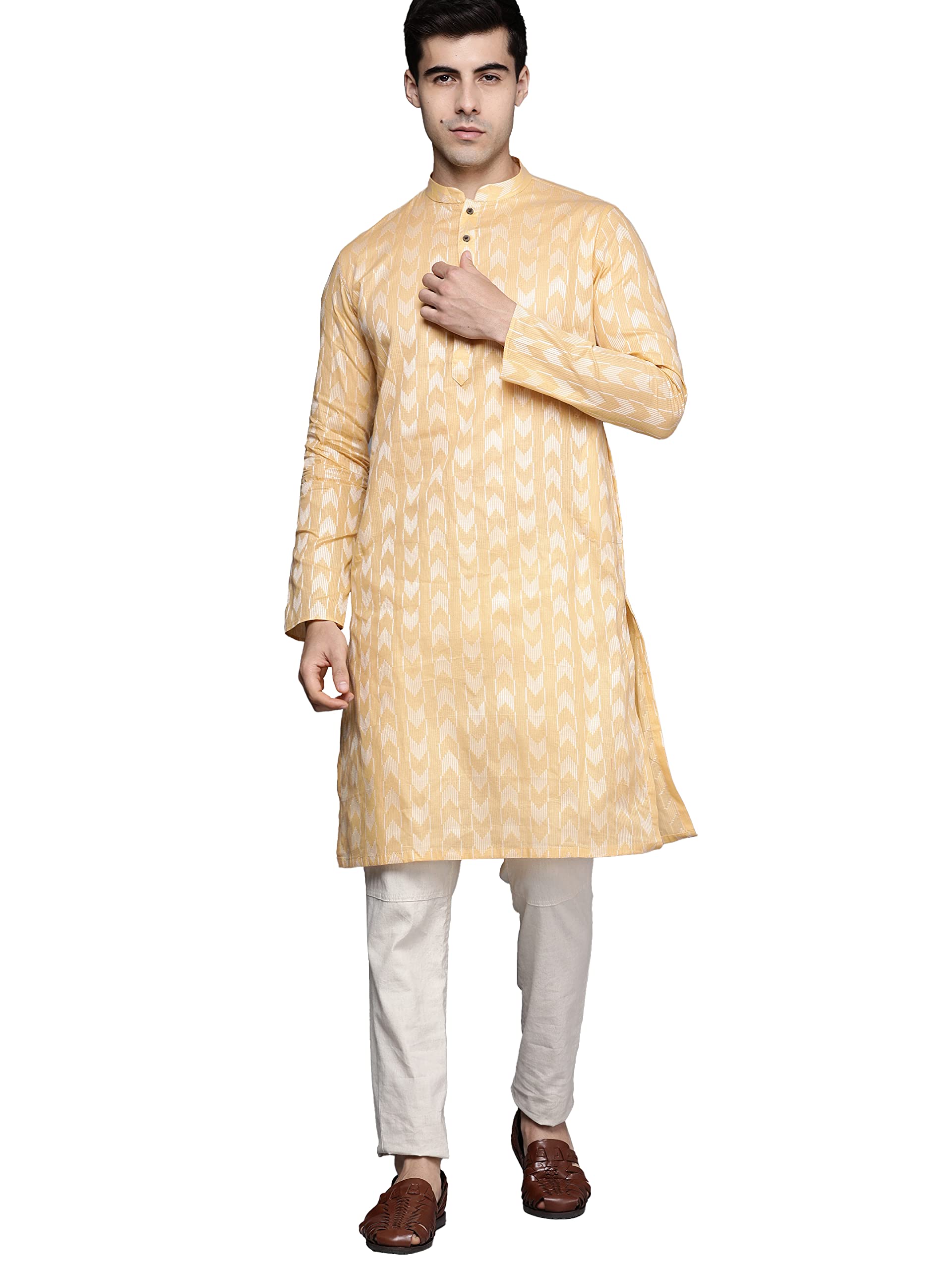 Manyavar Mens Kurta Only, Ethnic Kurta for Men, Full Sleeves Mandarin Collar Wave Blended Cotton Kurta Only (Yellow) (XL)