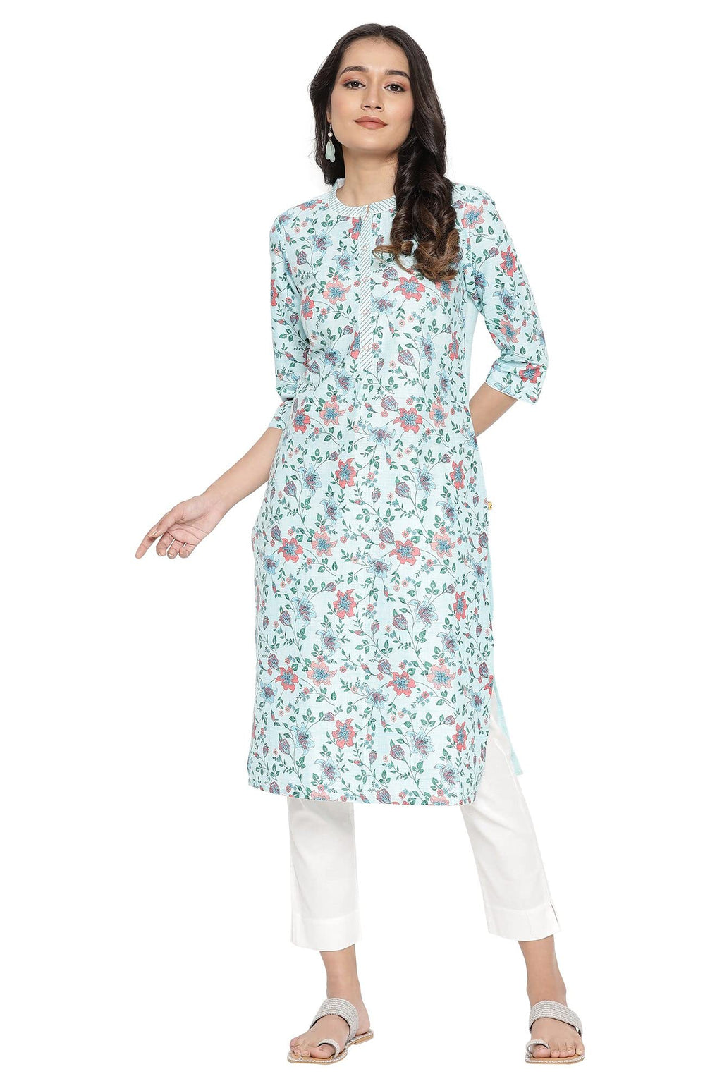 Aurelia Women'S Blue Cotton Floral Kurta