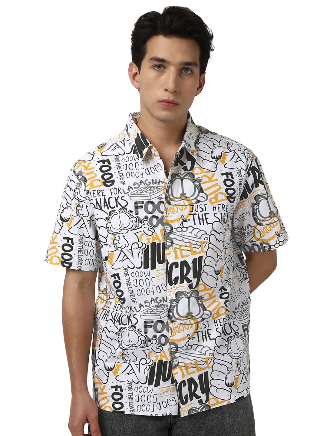 Bewakoof Official Garfield Merchandise Mens All Over Printed Oversized Fit Half Sleeve Collared Poplin Shirt_666760_White_XL