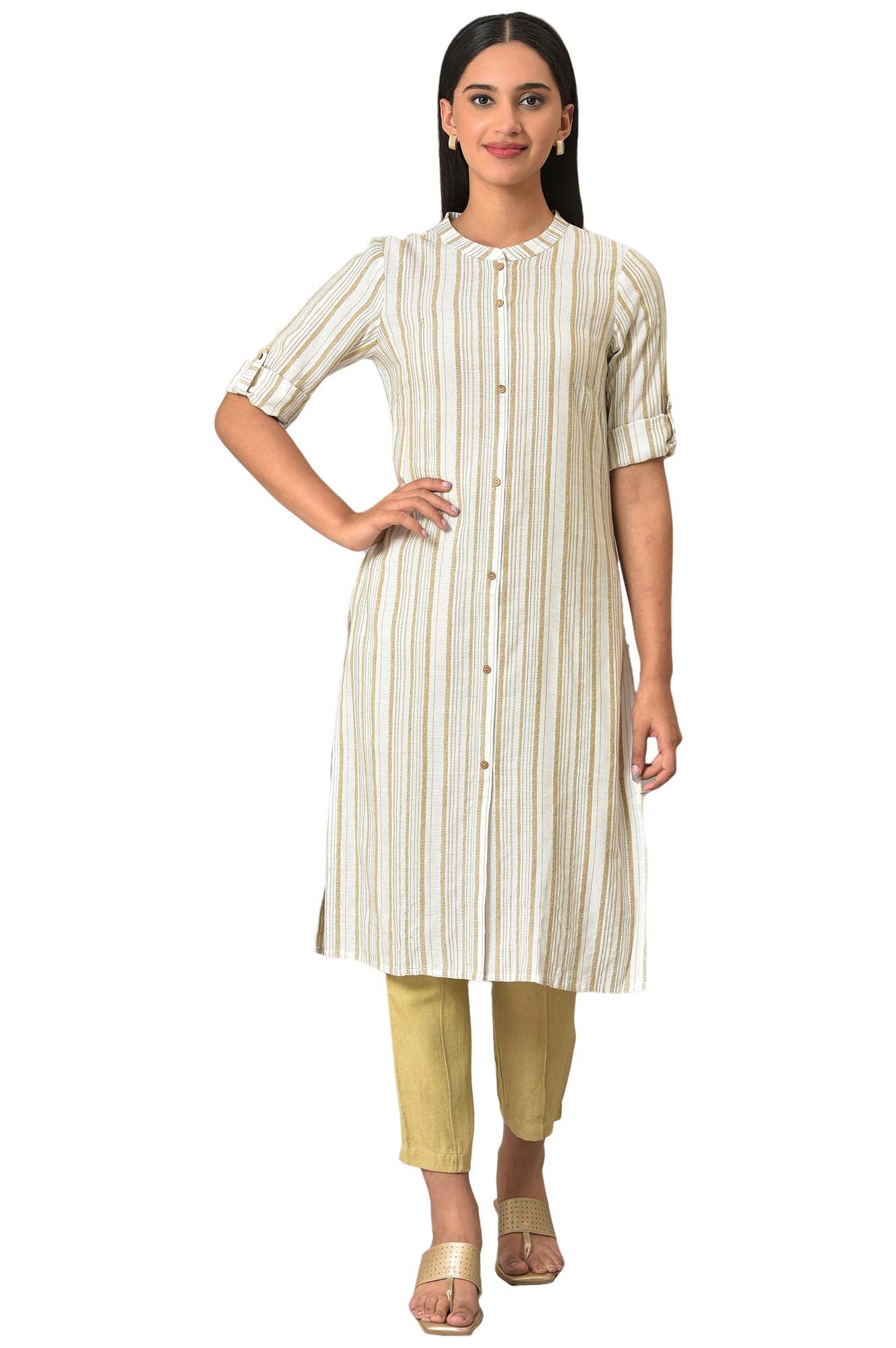 Aurelia Womens Rayon Blend Kurta & Trouser (23FEAS14466-704120_Beige
