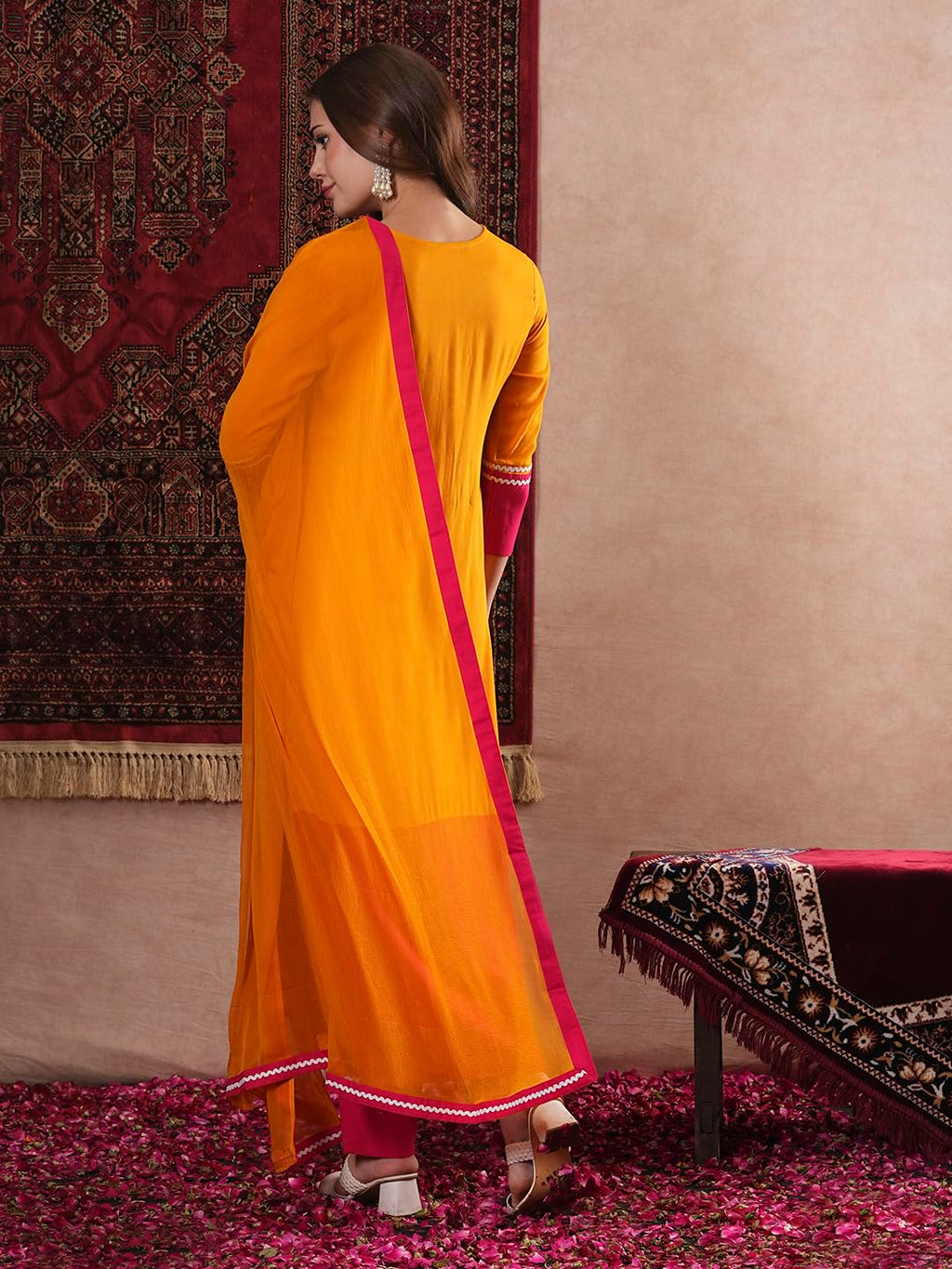 ANNI DESIGNER Womens Cotton Blend Straight Solid Kurta with Pant & Dupatta (PANAI Orange_M_Orange_Medium)