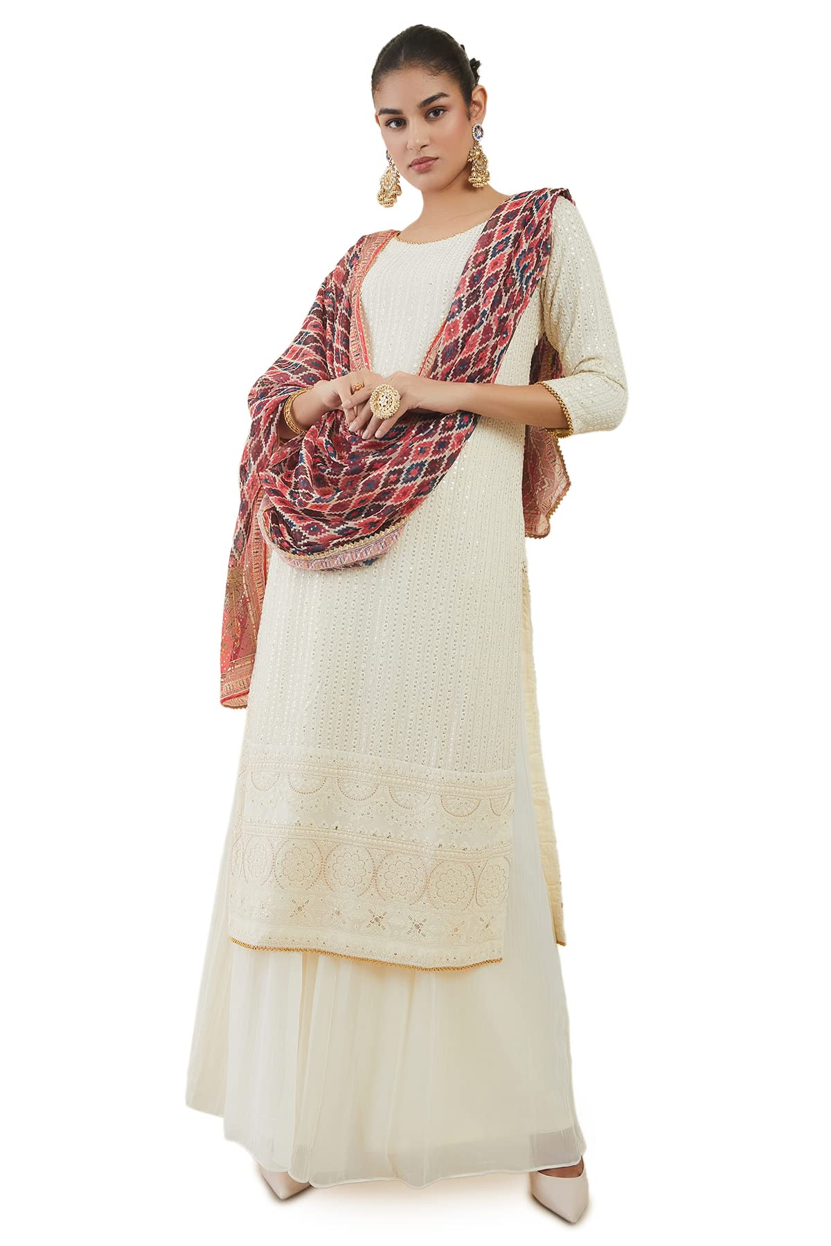Soch Women Georgette Embroidered and Sequinned Salwar Set with Palazzo and Dupatta