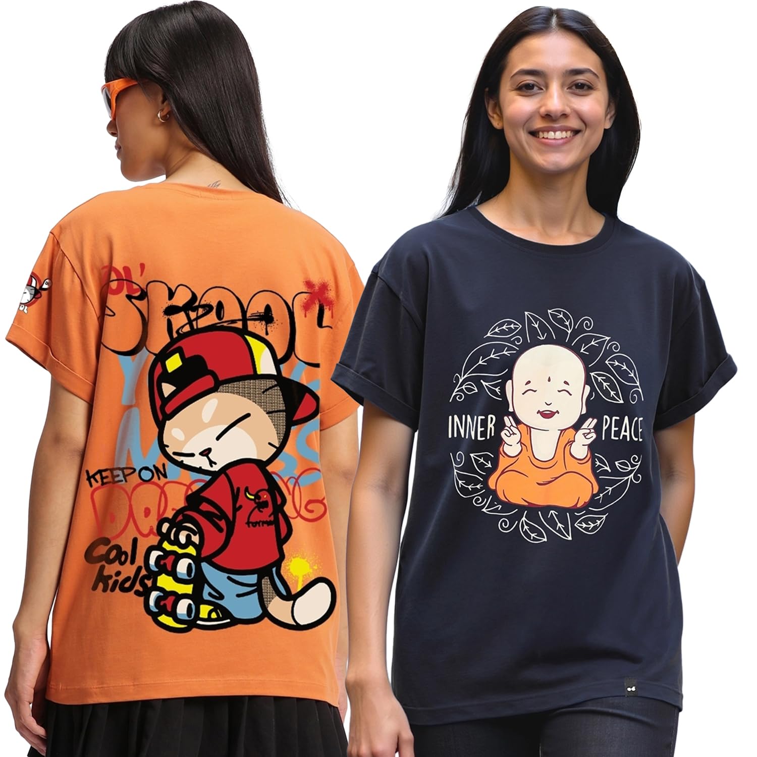 Bewakoof Pack Of 2 WomenS Graphic Printed Boyfriend Fit Half Sleeve Round Neck Pure Cotton T-Shirt_1500804_Blue_Xs