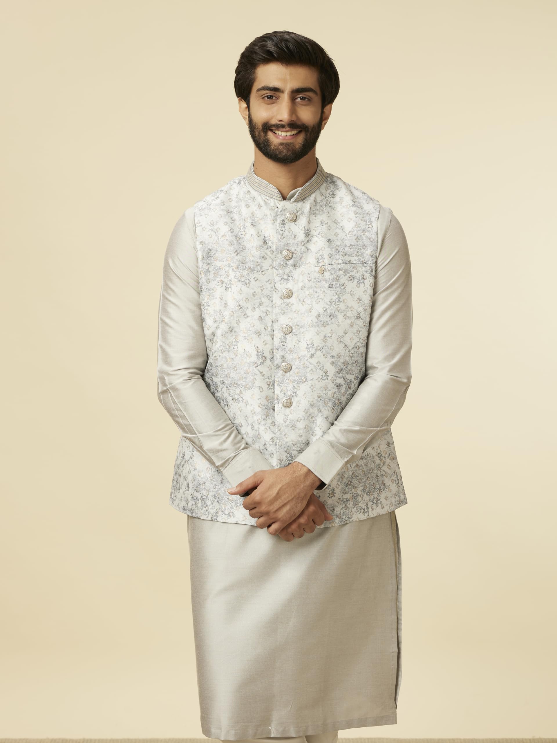 Manyavar Grey Art Silk Foil Print Kurta Jacket Set