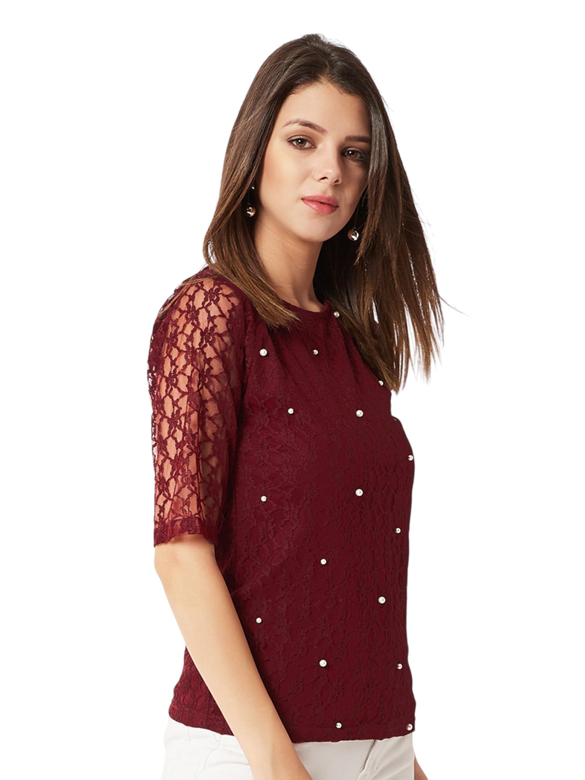 Miss Chase WomenS Round Neck Half Sleeves Cotton Lace And Pearl Detailing Top (Mcaw25Tp98-56-Ghb-03, Damson Maroon, S)