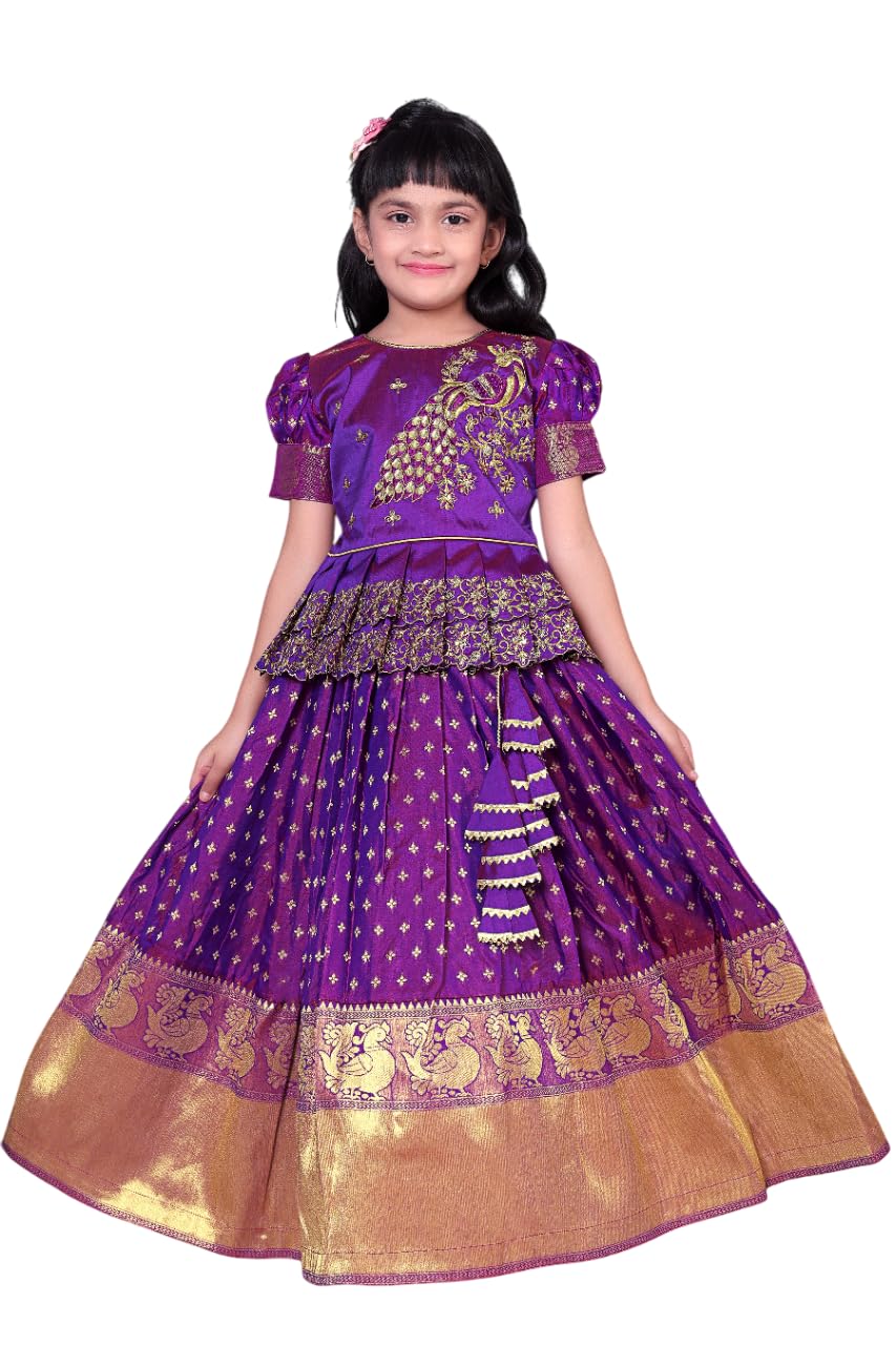 White Button New South Indian Traditional Pattu Pavadai Jecquard Lehenga Choli For Girls Dress