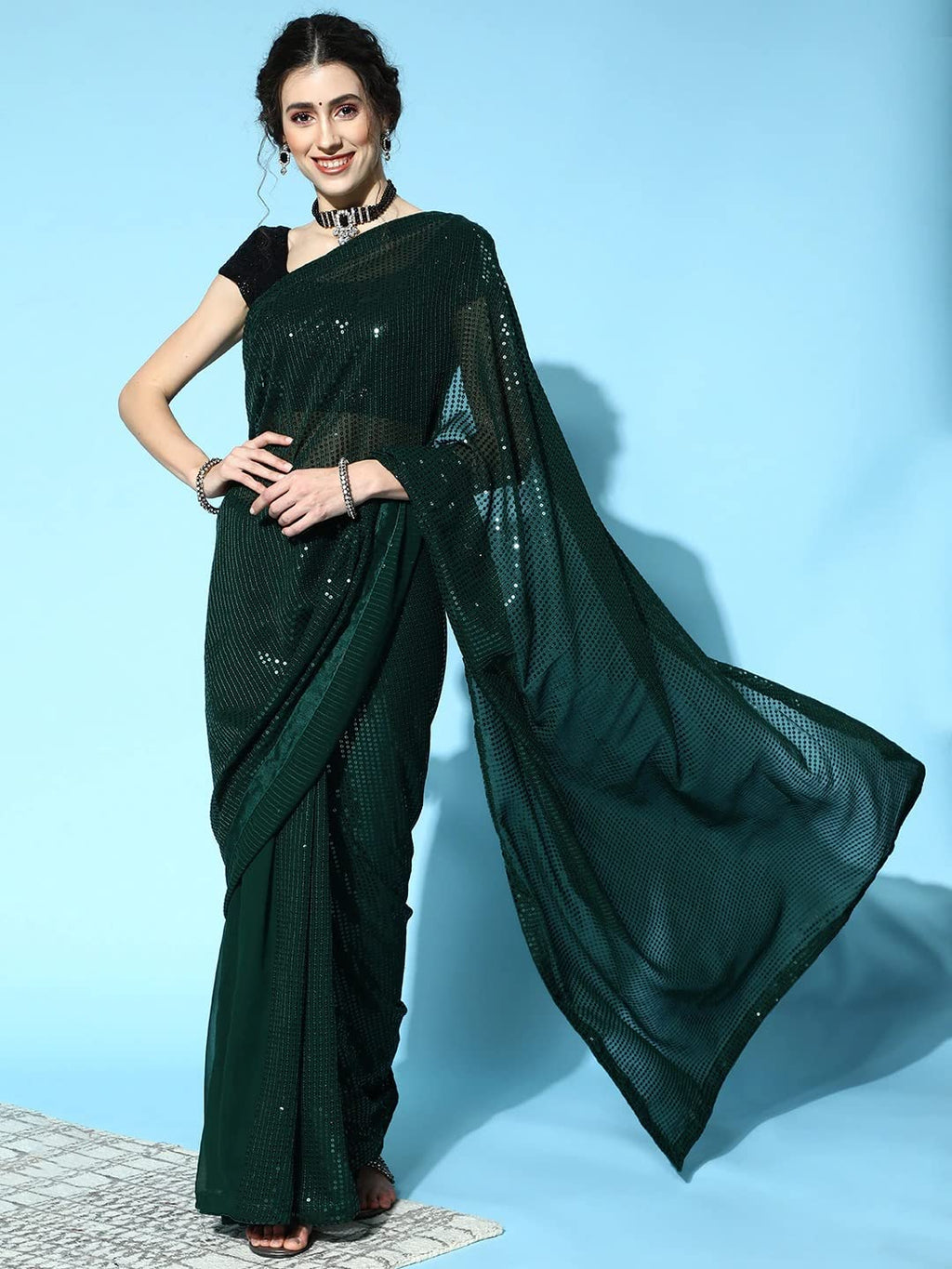 Naixa Womens Green Georgette Silk Sequence Embroidery Saree with Unstitched Blouse Piece