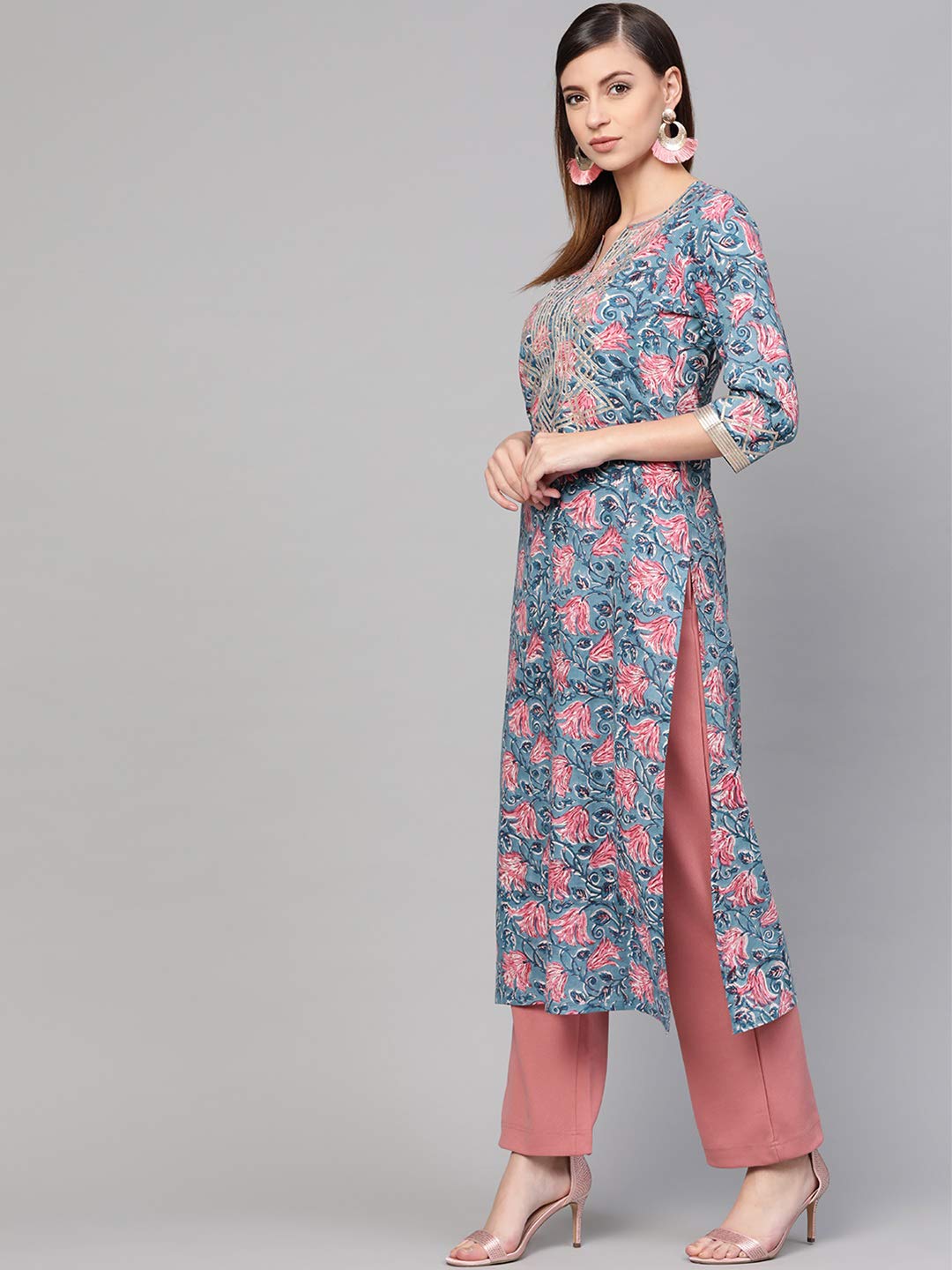 Idalia Women'S Blue Jaal Print Cotton Kurta