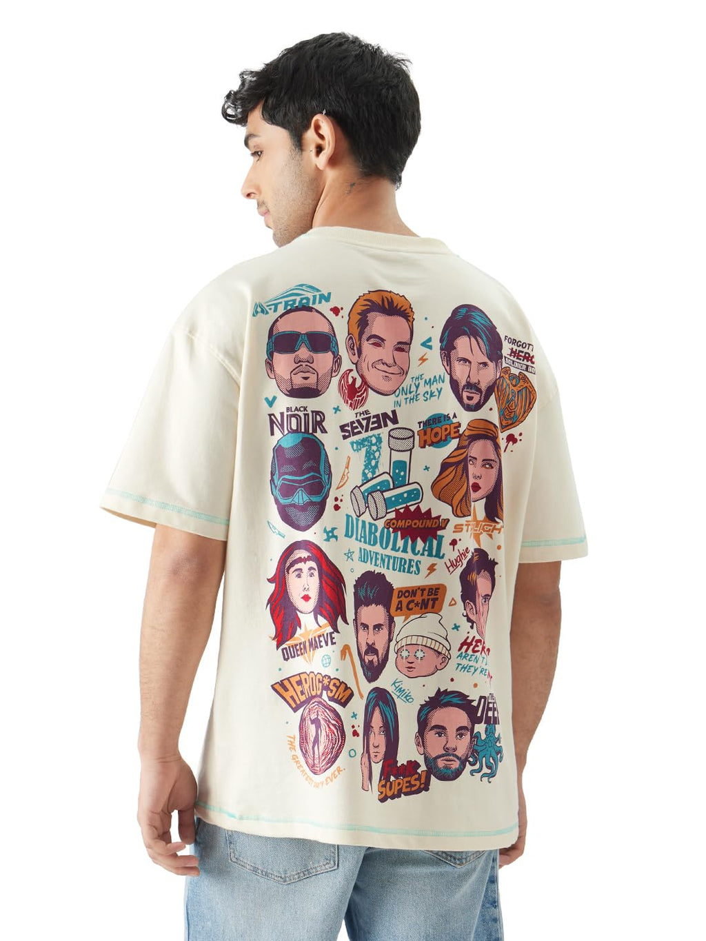 The Souled Store Official The Boys: Doodle Men and Boys Round Neck Short Sleeve White Graphic Print Cotton Oversized Fit T-Shirt