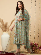 ANNI DESIGNER Womens Cotton Blend Anarkali Printed Kurta with Pant & Dupatta (Meets-Green_S_Green_Small)