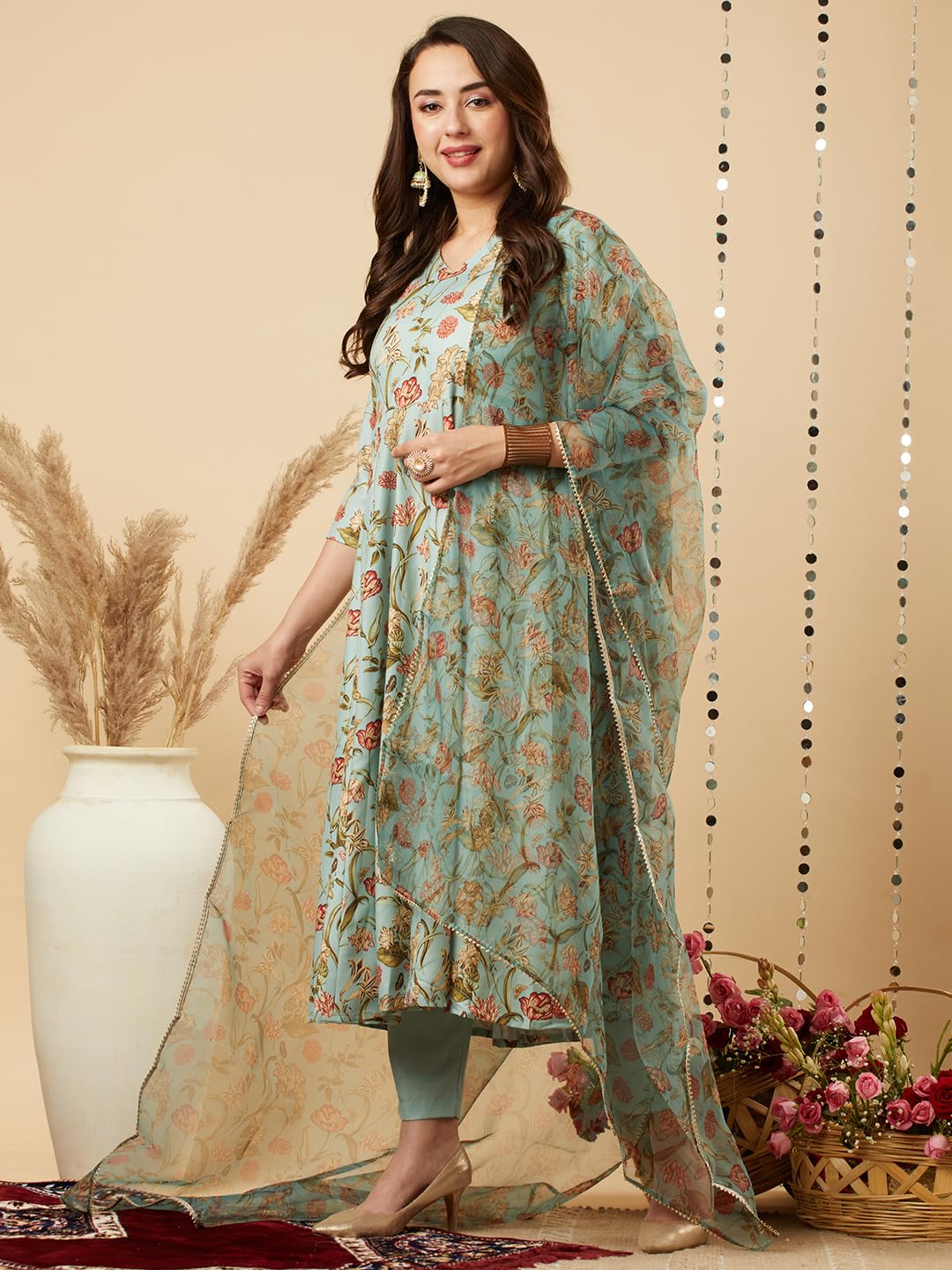 ANNI DESIGNER Womens Cotton Blend Anarkali Printed Kurta with Pant & Dupatta (Meets-Green_S_Green_Small)