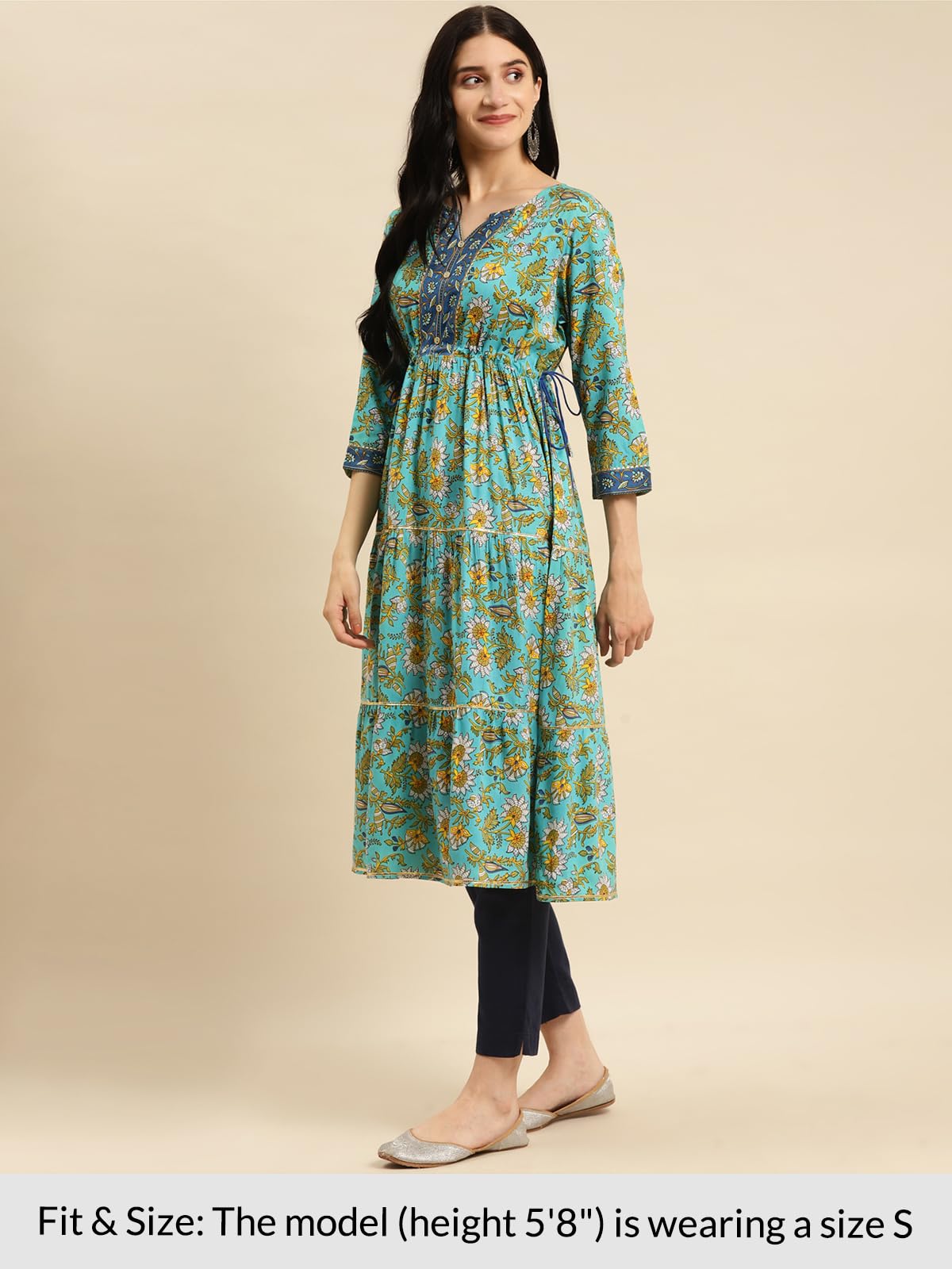 rangita  Calf Length Printed Tiered Flared Kurti