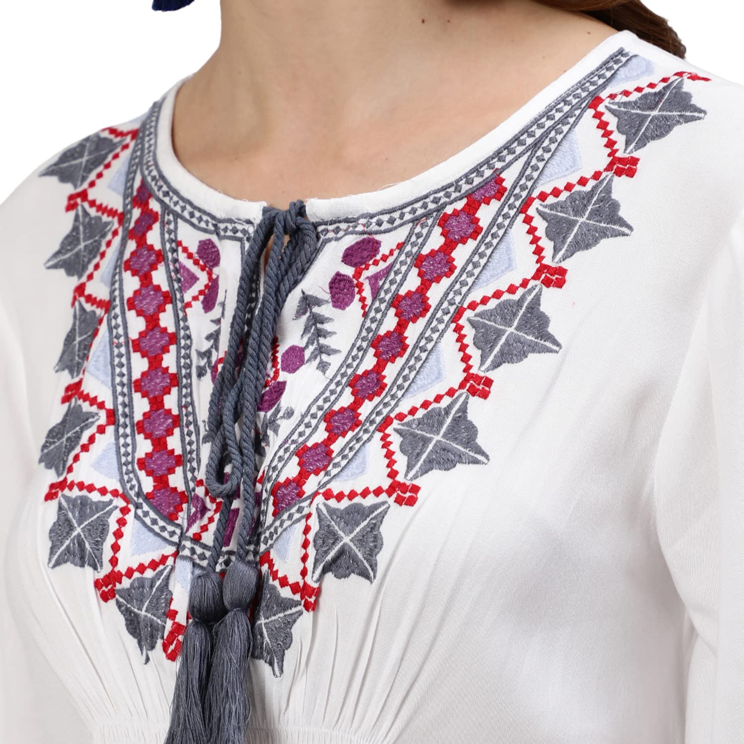 Ishin WomenS Rayon White Embroidered A-Line Top