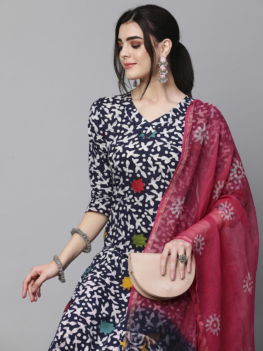 ANNI DESIGNER Womens Cotton Blend Printed Straight Kurta with Pant & Dupatta (Khara Blue_M_Blue_Medium)
