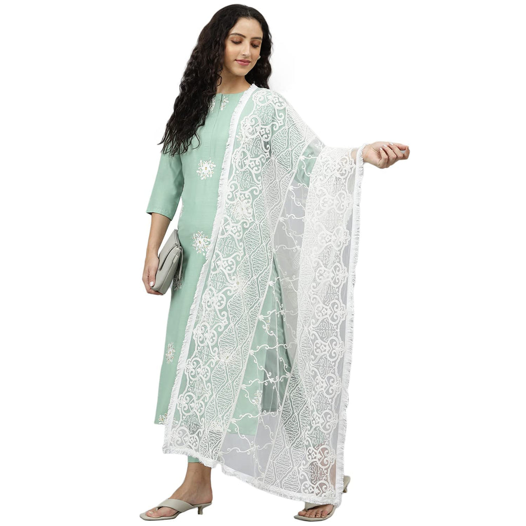 Gosriki Women'S Cotton Blend Embroidered Straight Kurta, Pant & Dupatta (Cntl Green_New_M-Go_Green_Medium)