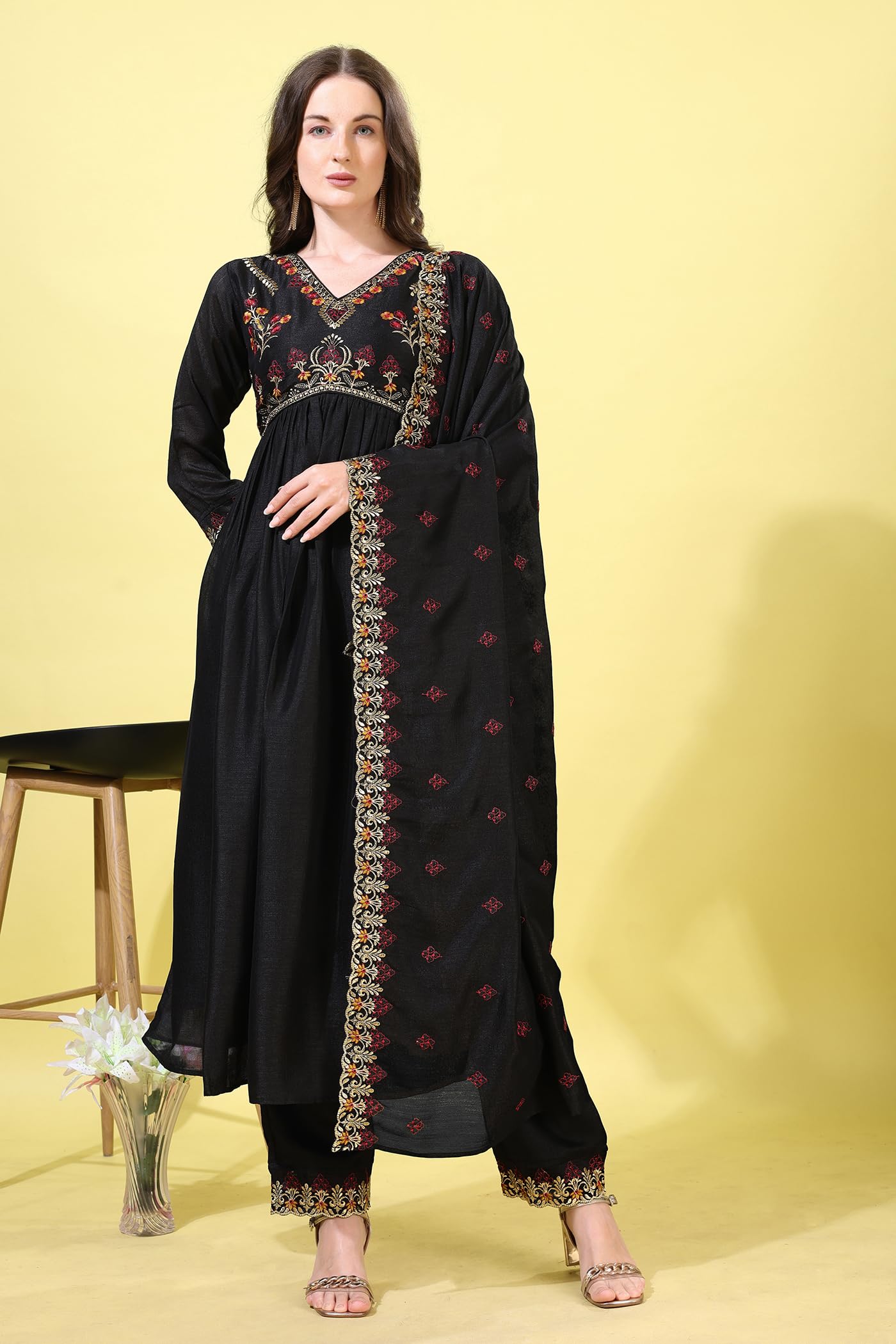 Pratham Blue WomenS Silk Embroidered Anarkali Kurta Palazzos With Dupatta |Kurta Set For Women |Women Kurta |Women Embroidered