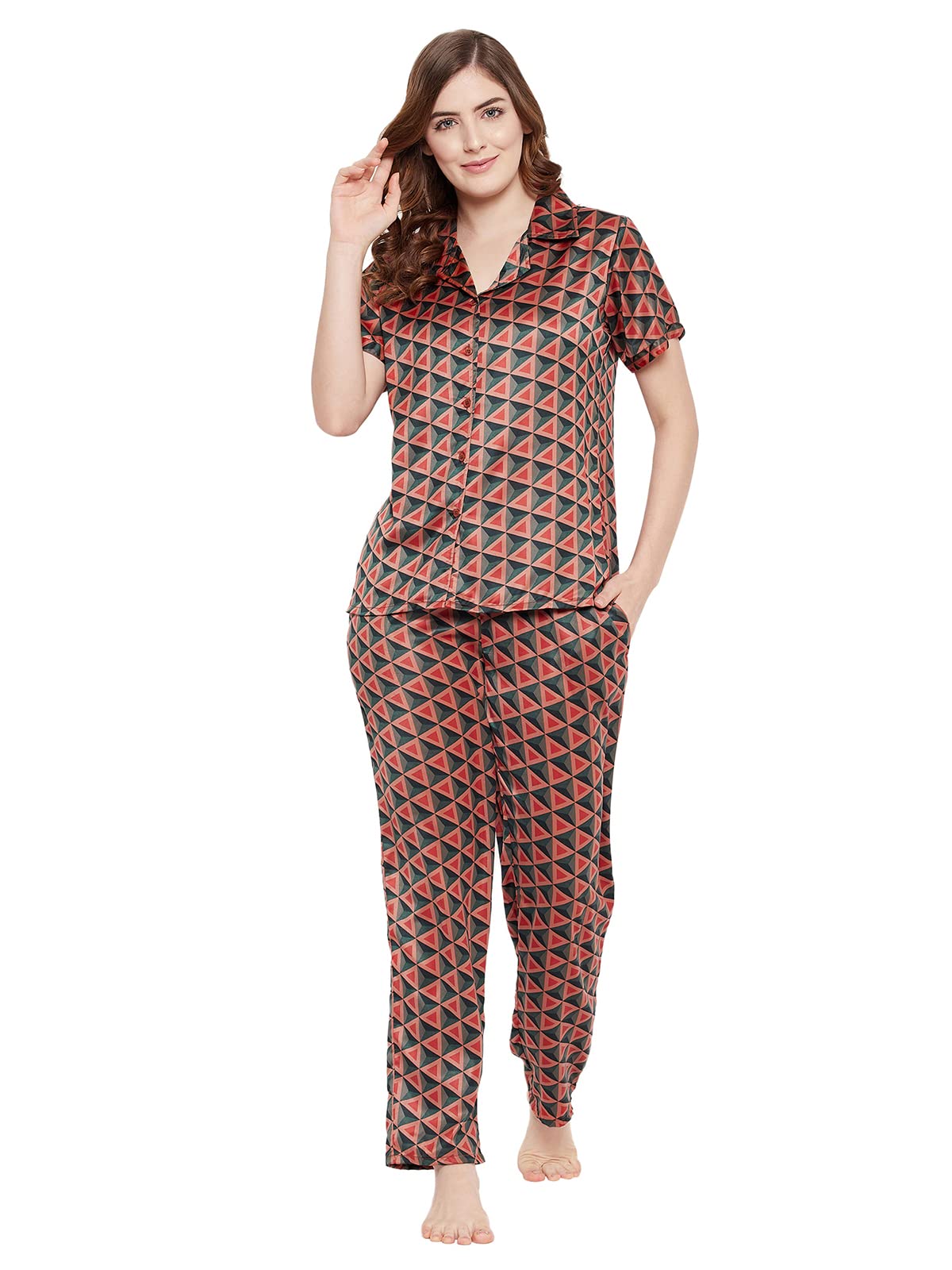 Clovia Womens Satin Print Me Pretty Button Me Up Shirt & Pyjama Set (LS0385F06_Brown_M)