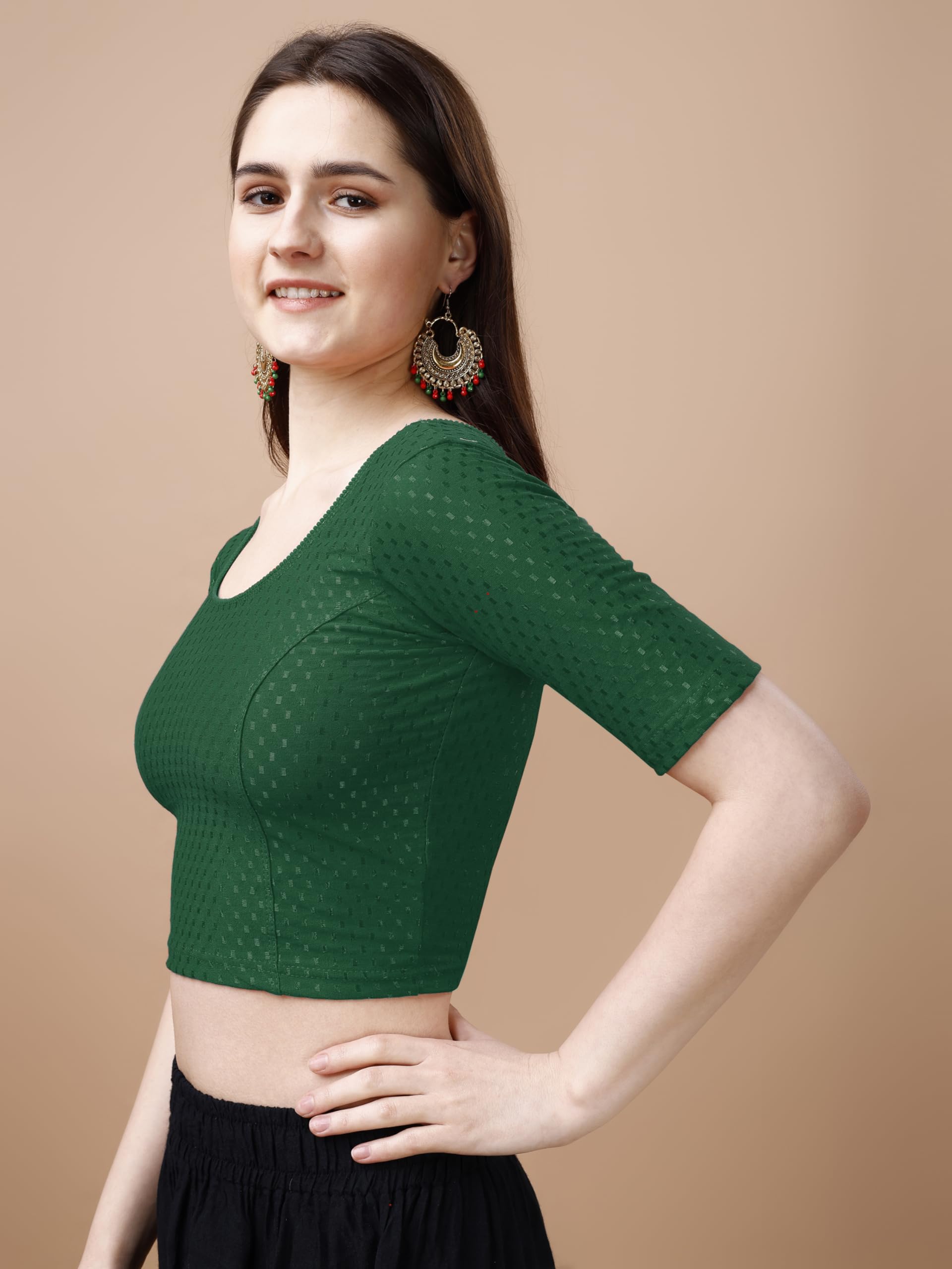 Pujia Mills WomenS Readymade Dobby Cotton Lycra Stretchable Round Neck Half Sleeve Blouse Fancy Green Color Lycra Stretchable B