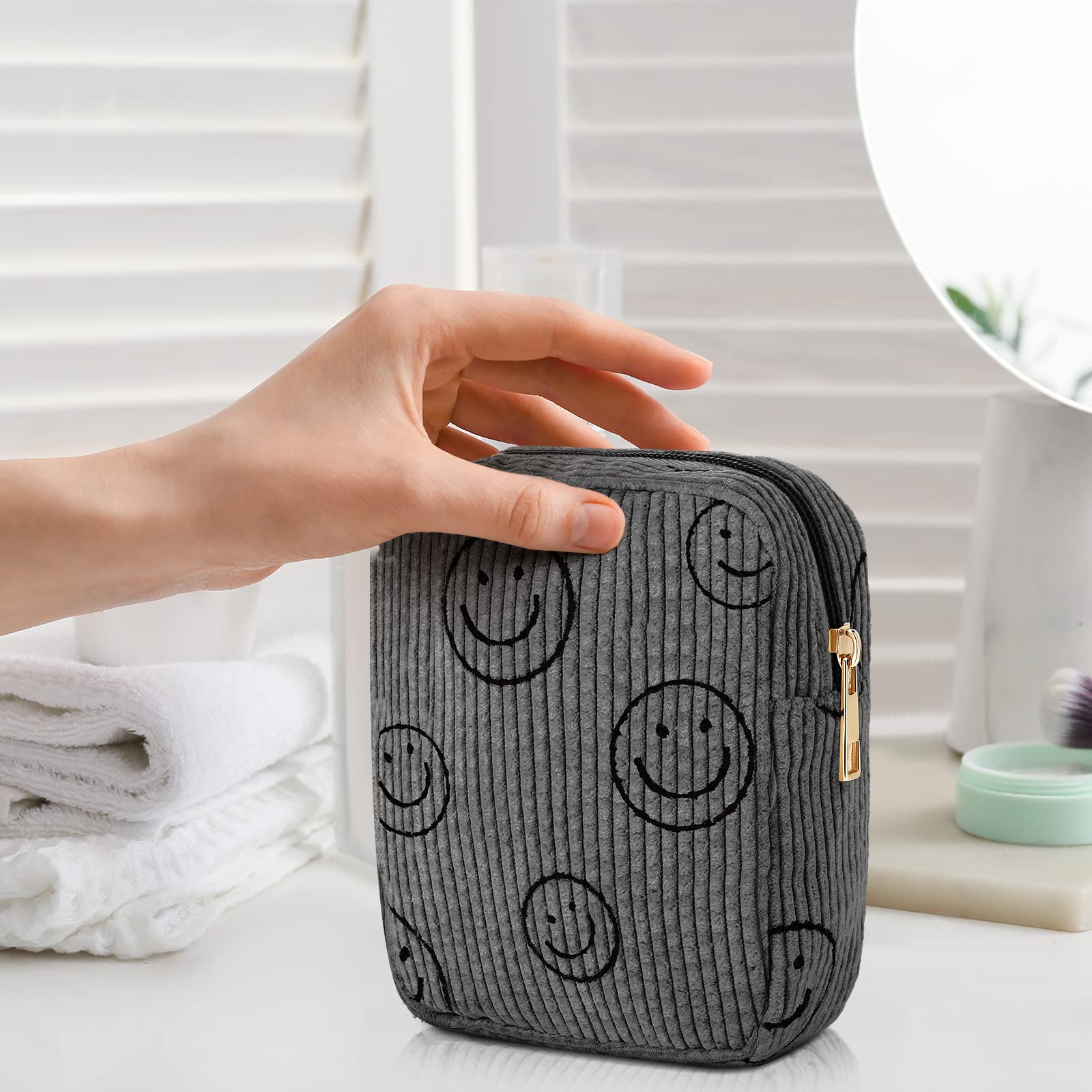 3 Pcs Corduroy Cosmetic Bag Smile Face Aesthetic Preppy Makeup Bag Corduroy Toiletry Aesthetic Pouch Travel Smile Bags for Women
