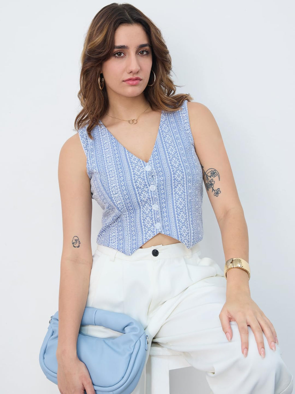 The Souled Store Linen Blend Vest: Aztec Women and Girls V Neck Sleeveless Button Front Blue Printed Polyester Blend Regular Fit
