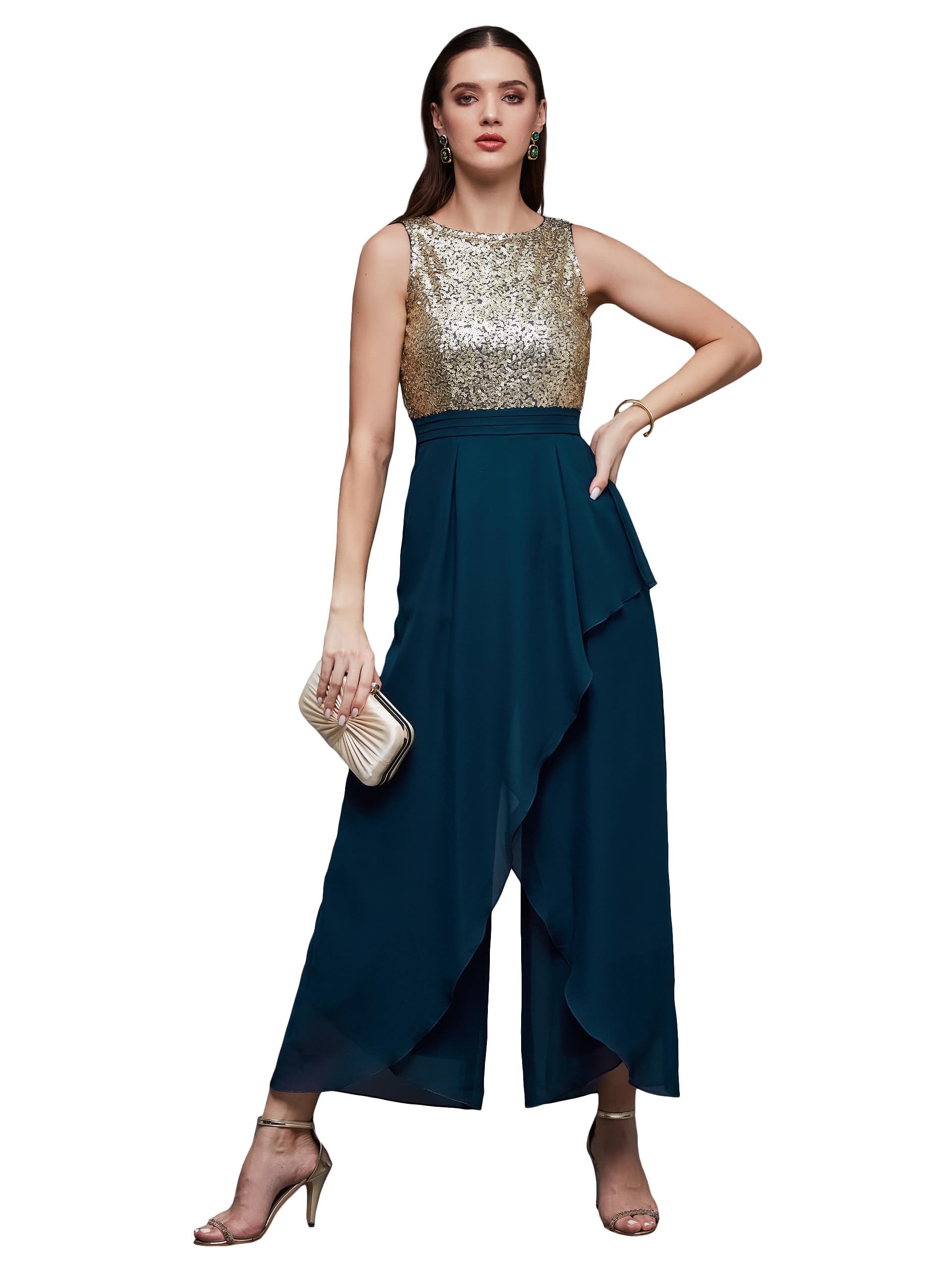 Miss Chase WomenS Solid Relaxed Fit Round Neck Sleeveless Regular Length Jumpsuit With Pockets (Mcss24D97-14-83-06, Teal, Xl)