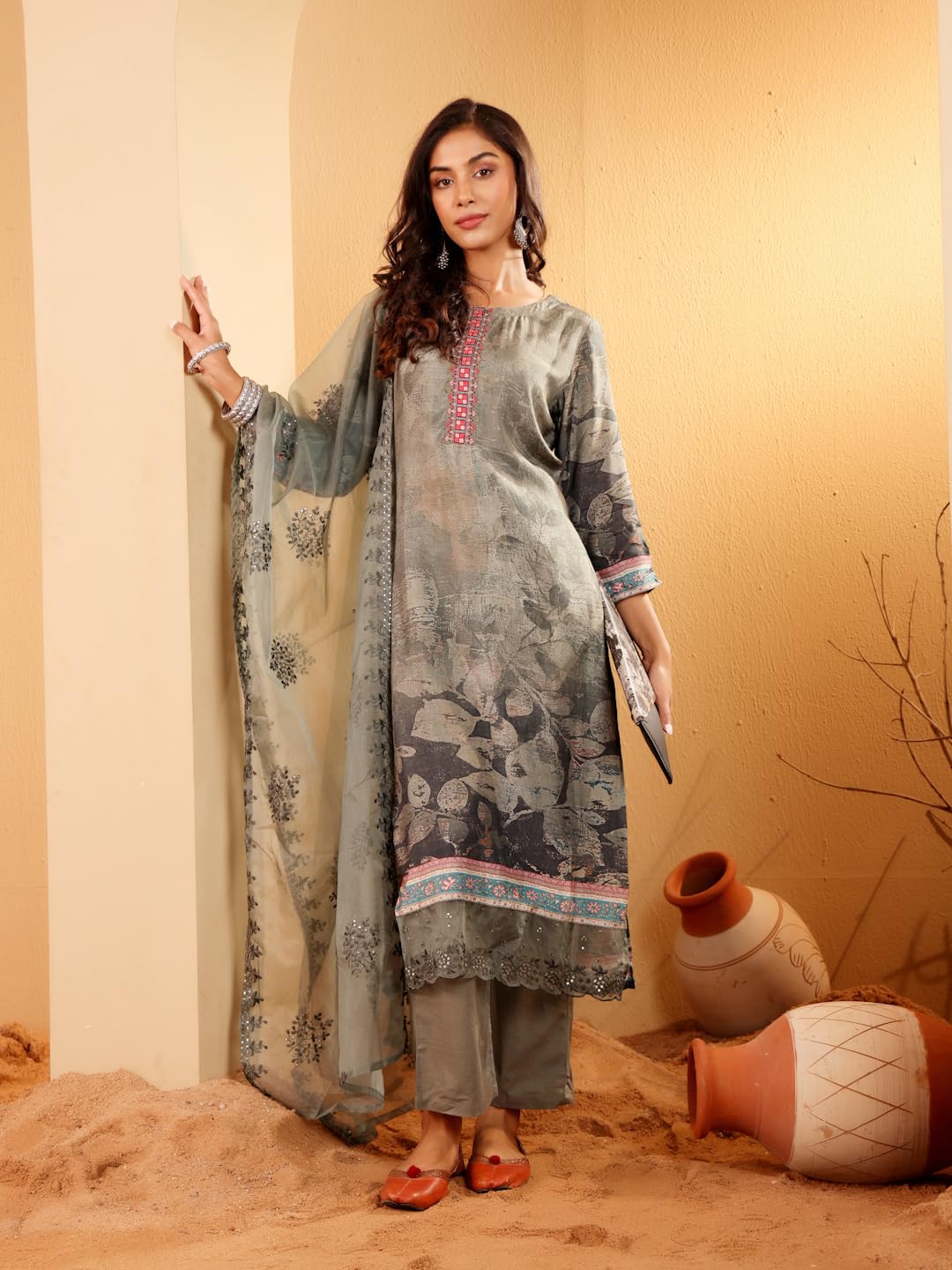Varanga Women Tonal Floral Printed Thread Embroidered Kurta With Bottom & Sequinned Dupatta ??Elegant Ethnic Set