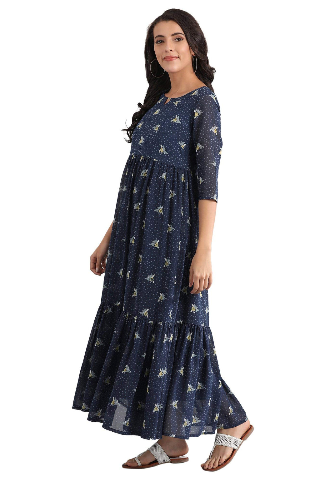 Aurelia Women'S Polyester Dark Blue Round Neck Printed Dress Ankle Length