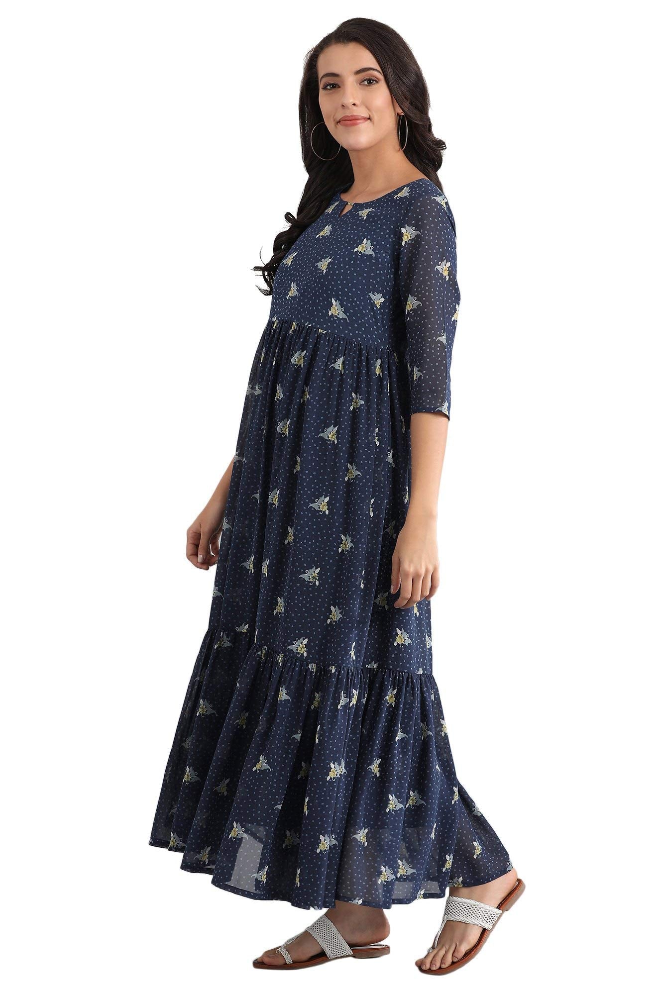Aurelia Women'S Polyester Dark Blue Round Neck Printed Dress Ankle Length