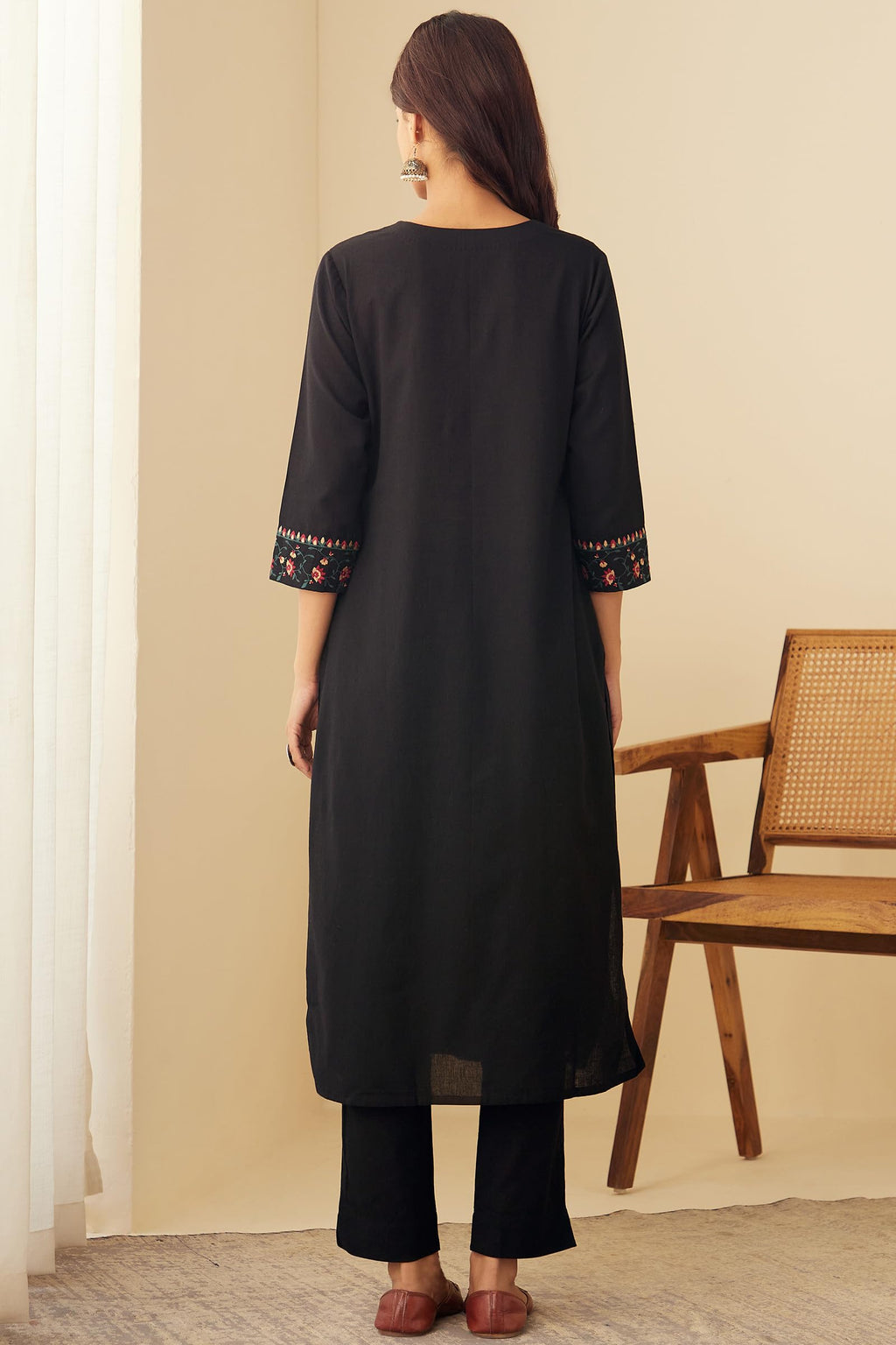ANNI DESIGNER Womens Rayon Blend Embroidered Straight Kurta with Pant & Dupatta (SIKHA Black_L_Black_Large)