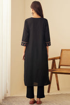 ANNI DESIGNER Womens Rayon Blend Embroidered Straight Kurta with Pant & Dupatta (SIKHA Black_L_Black_Large)