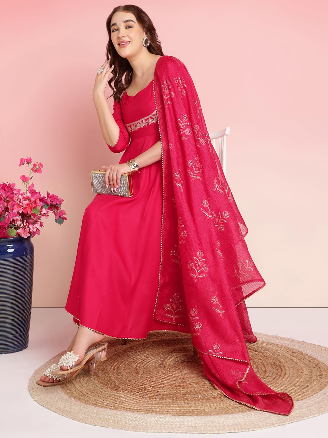 ANNI DESIGNER Ladies Plain Rayon Blend Kurta with Trousers and Dupatta, pink, 4X-Large