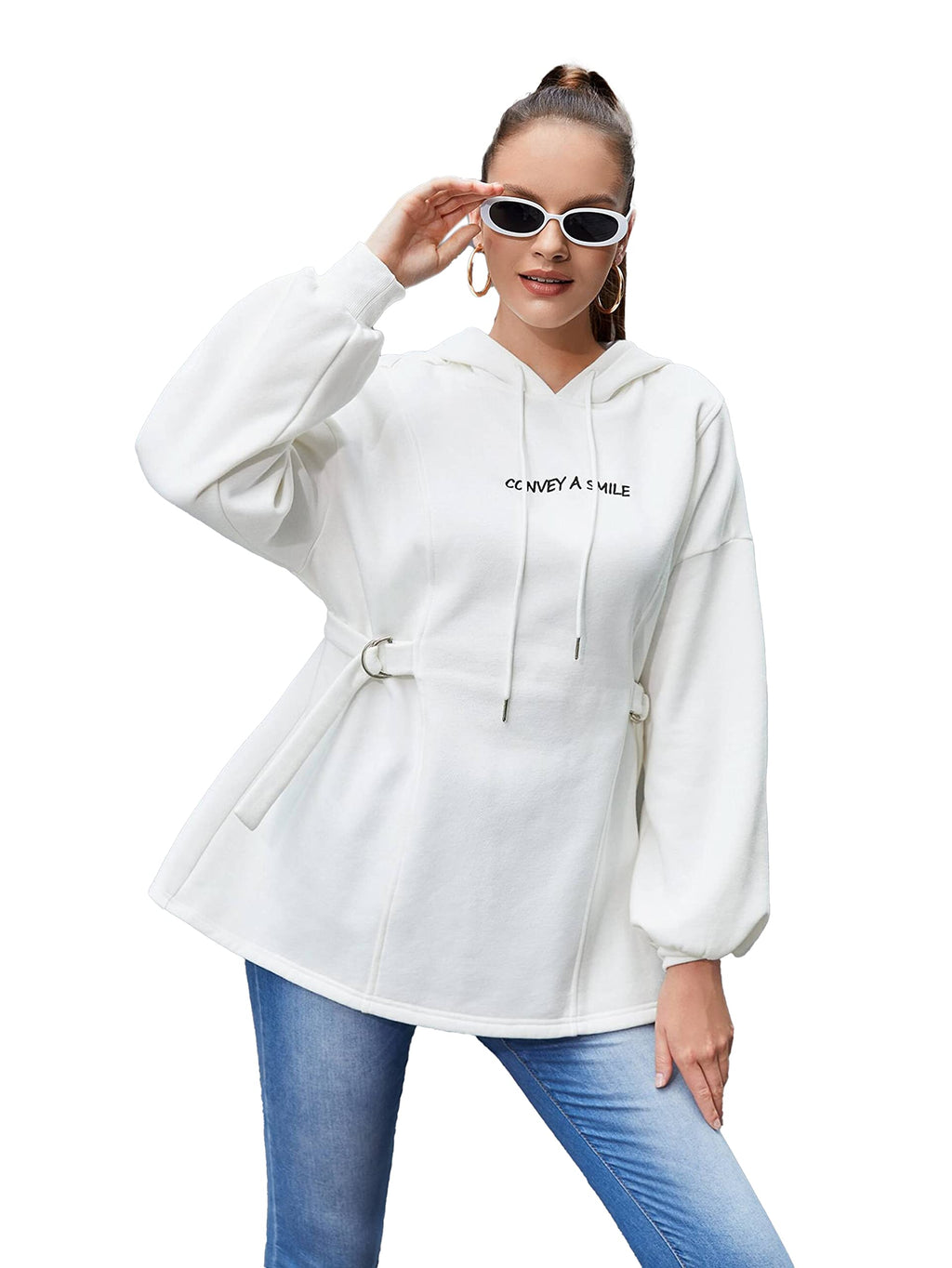 TOPLOT Womens Woolen Long Typographic Printed White Hoodie with Hooded Neck (T-Hoodie-5051-S)