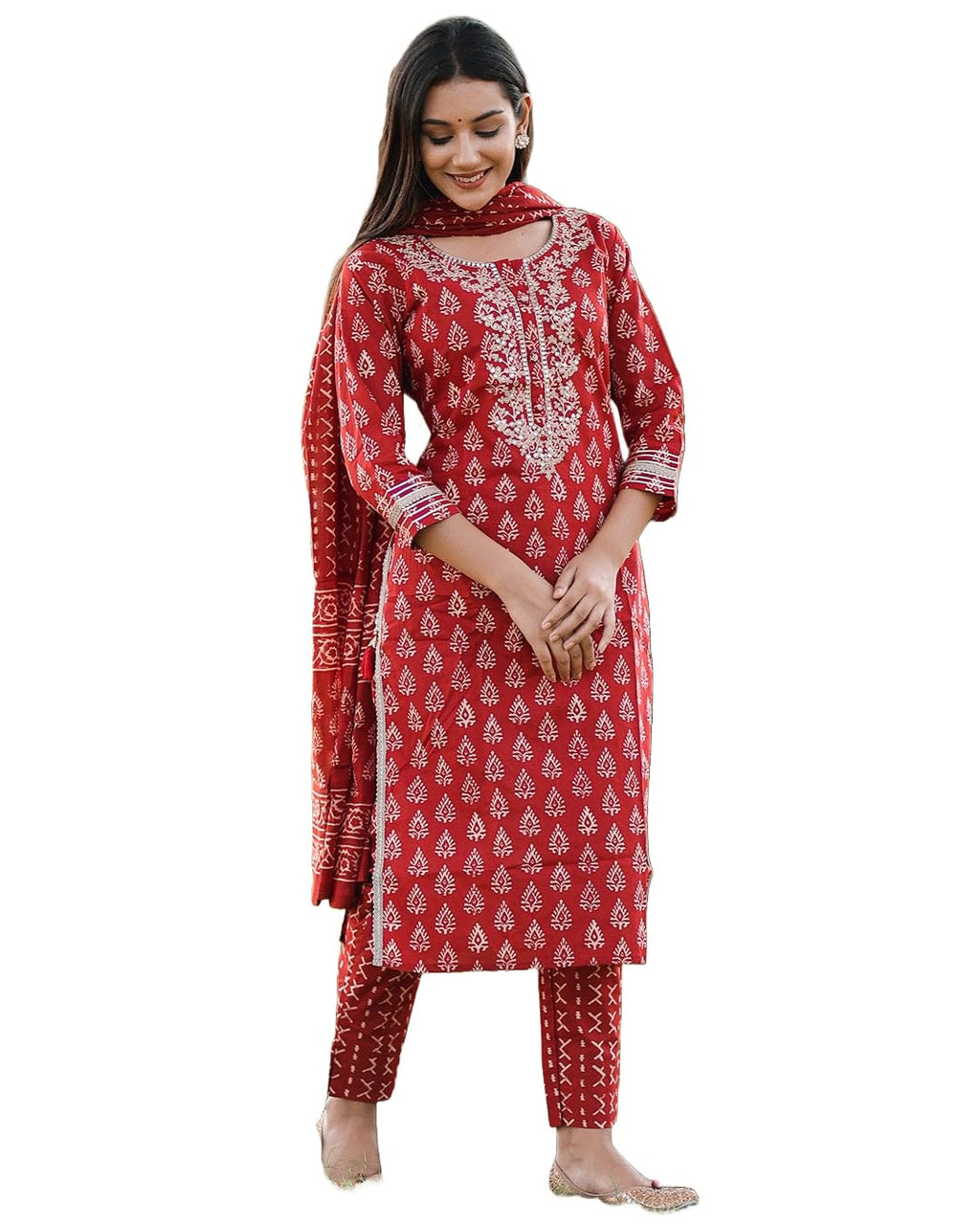 ANNI DESIGNER Womens Rayon Blend Straight Printed Kurta with Pant & Dupatta (MAASA RED_S_Red_Small)
