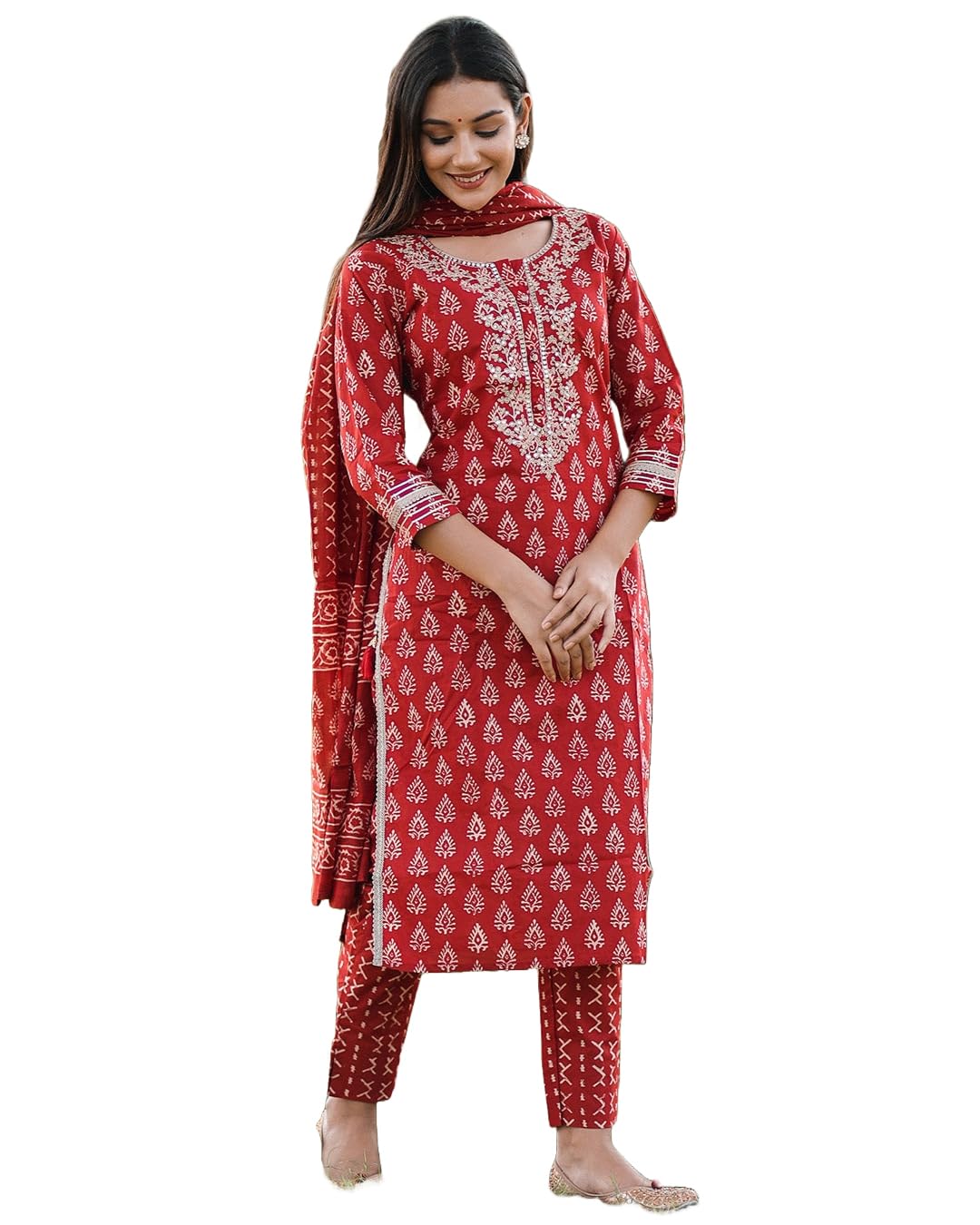 ANNI DESIGNER Womens Rayon Blend Straight Printed Kurta with Pant & Dupatta (MAASA RED_S_Red_Small)