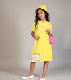 Kyda Kids 100% Pure Cotton Printed Round Neck Regular Fit Short Sleeve Long Top For Girls (Pack Of 1) Light Yellow