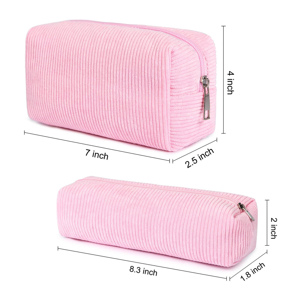 SOIDRAM Makeup Bag Corduroy Cosmetic Bag Cute Pink Makeup Pouch 1Pcs Large Capacity Makeup Bags and 1Pcs Makeup Brushes Storage