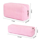 SOIDRAM Makeup Bag Corduroy Cosmetic Bag Cute Pink Makeup Pouch 1Pcs Large Capacity Makeup Bags and 1Pcs Makeup Brushes Storage