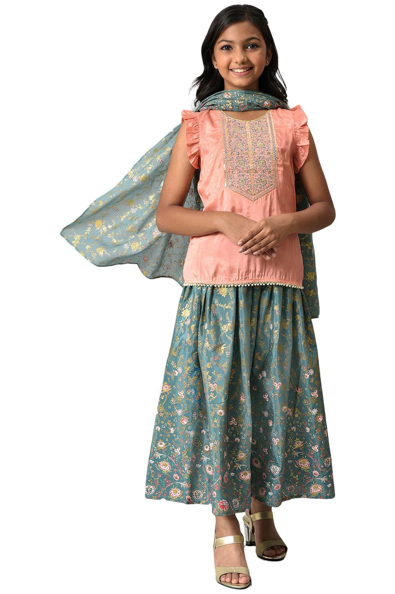 Aurelia Girls Viscose Kurta-Flared Skirt-Dupatta (22AUG10208A-604496_Pink