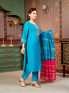 Aarika Girls Ethnic Wear Turqouise Colour Sequin Embroidery Silk Kurti Pant Set-10-15 Years (Kp-Sd-6001)