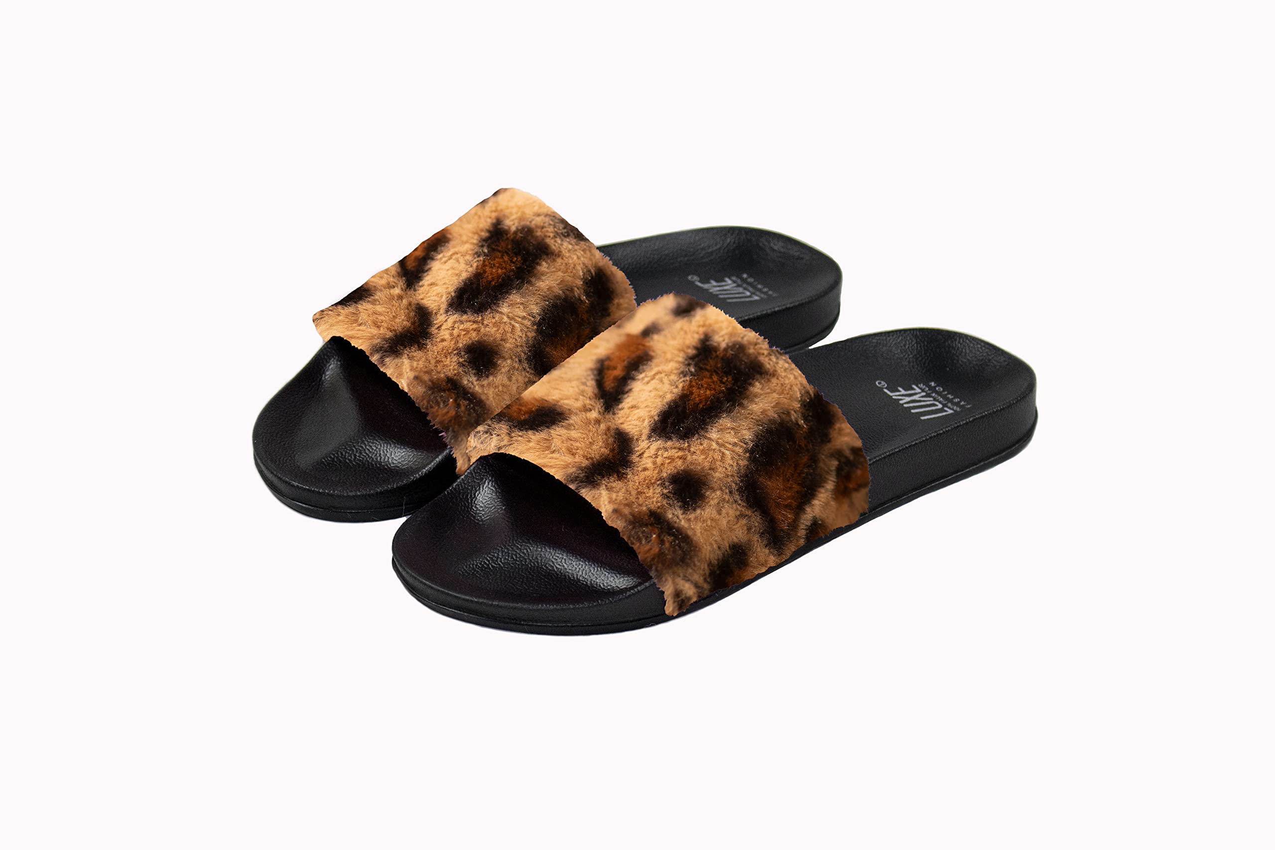 Luxe Faux Fur 676685048288 0.9 in. Sheepskin Slide Slippers - Leopard with Black Sole