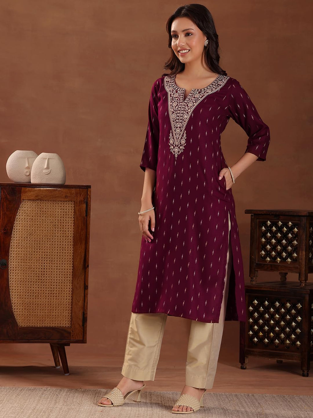 Libas WomenS Cotton Woven Design Straight Kurta (26967R Maroon