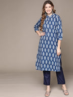 Anubhutee Women Blue Ethnic Motifs Printed Woven Design Pure Cotton Kurta With Trousers