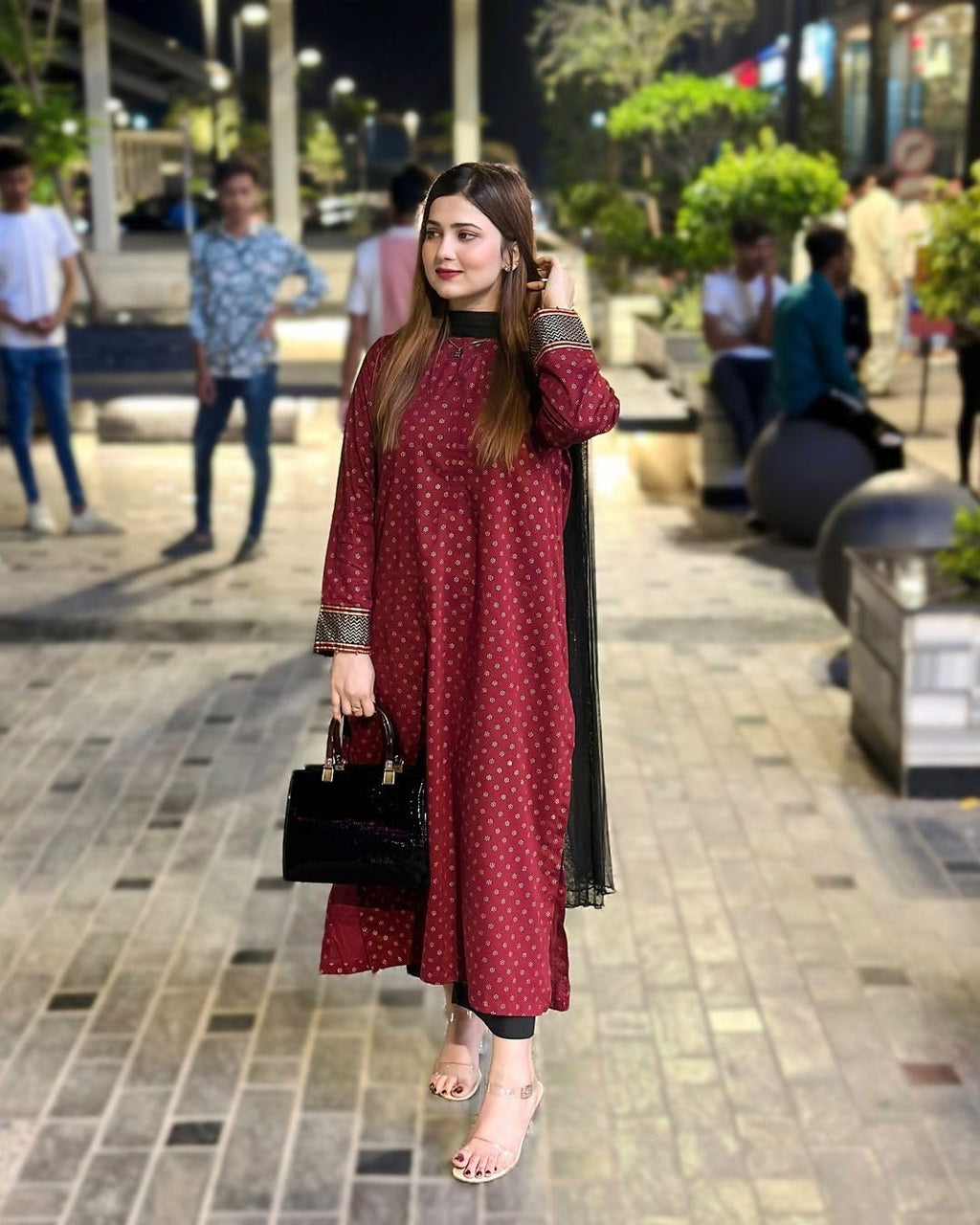 ANNI DESIGNER Womens Rayon Blend Straight Printed Kurta with Palazzo & Dupatta (DEBASHREE Maroon_M_Maroon_Medium)