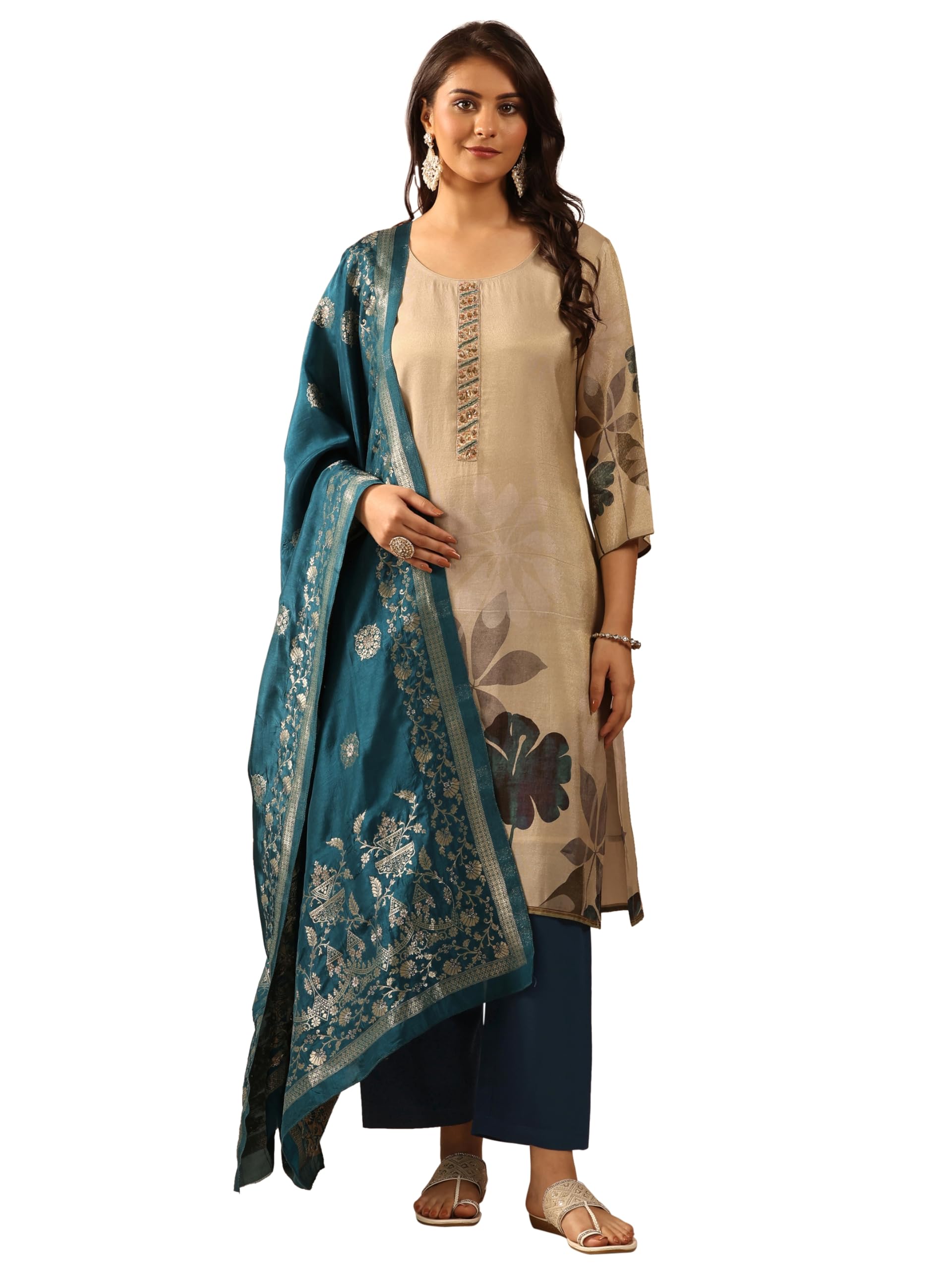 Libas Beige Printed Silk Blend Straight-fit Kurta set for Women (51398XXL)